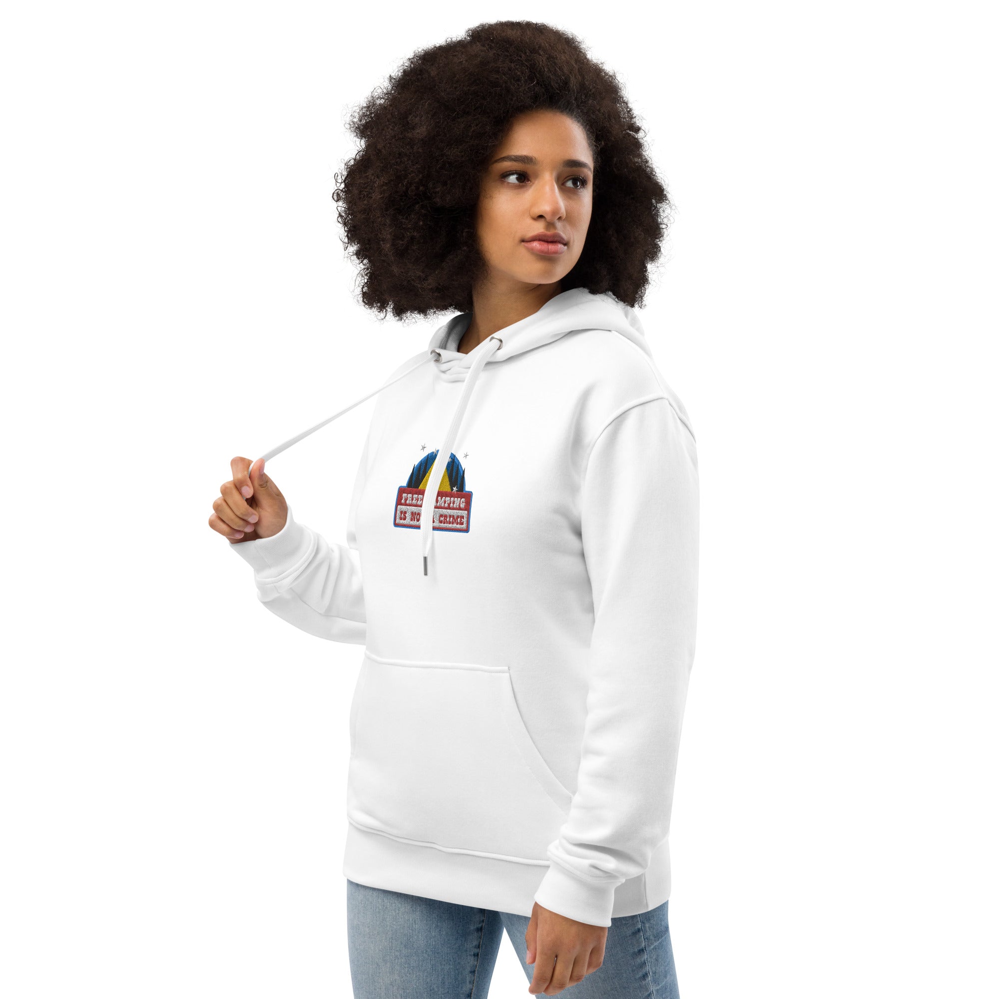 Premium eco hoodie Free camping is not a crime graphic multicolor embroidered pattern