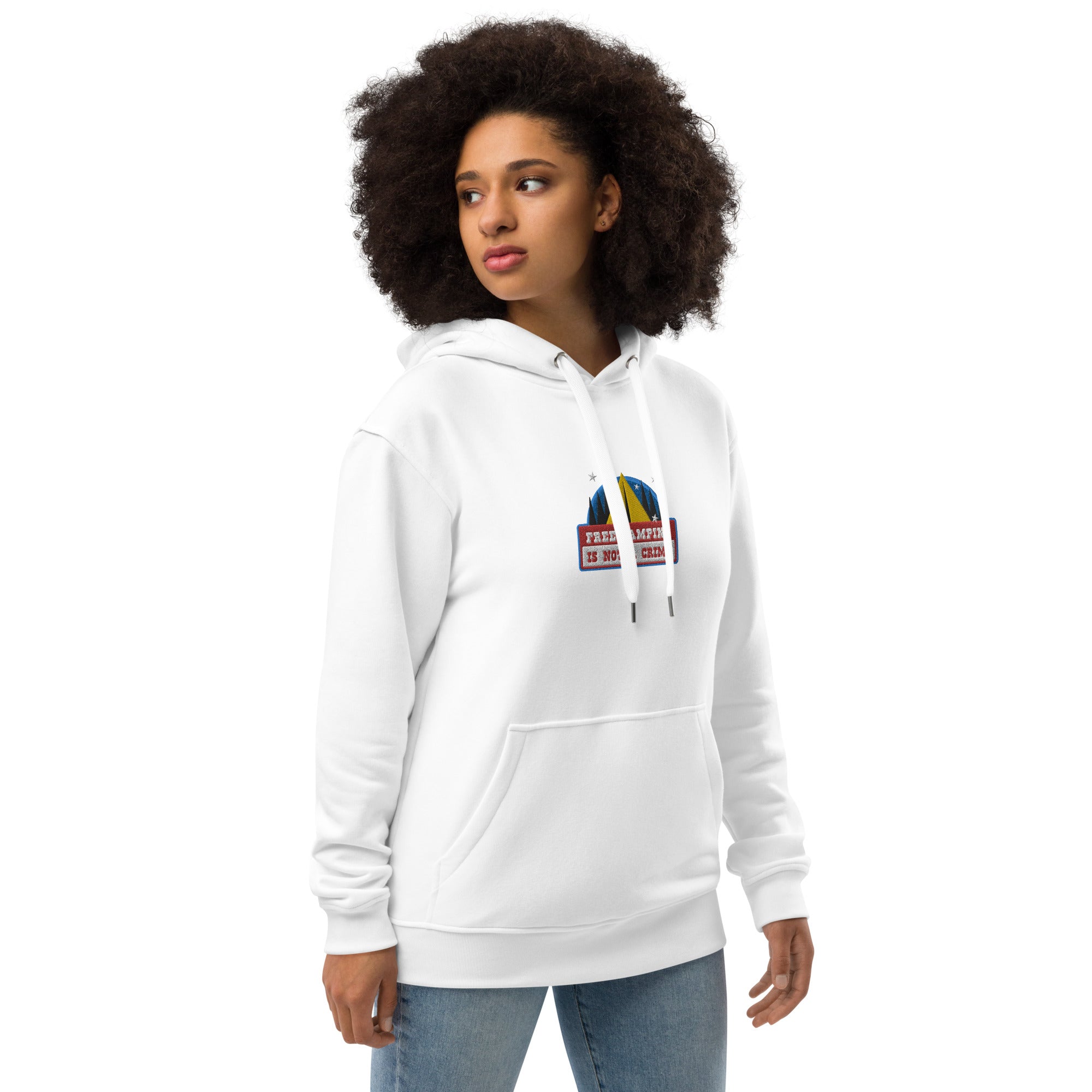 Premium eco hoodie Free camping is not a crime graphic multicolor embroidered pattern