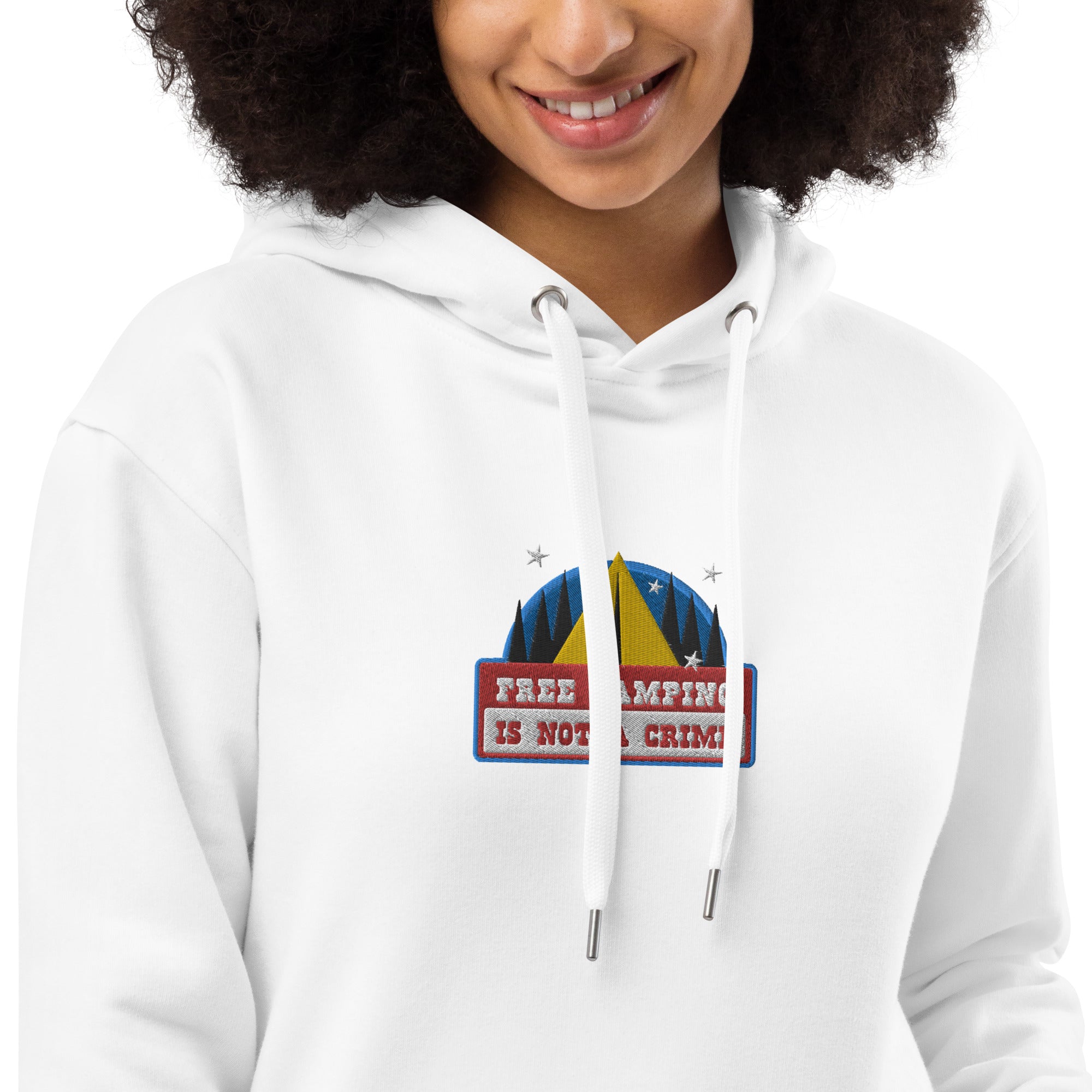 Premium eco hoodie Free camping is not a crime graphic multicolor embroidered pattern