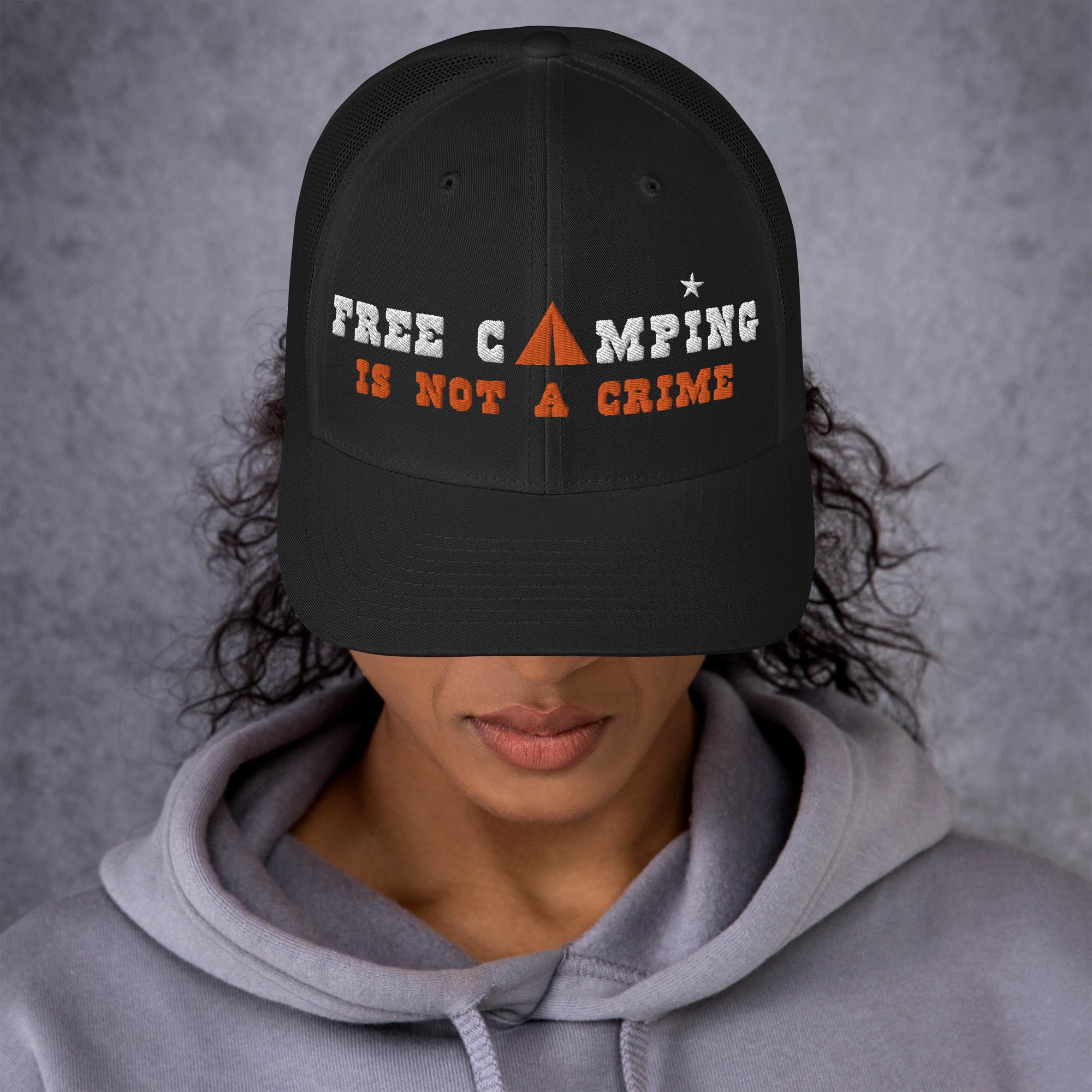 Two-Tone Retro Trucker Cap Free camping is not a crime white/orange