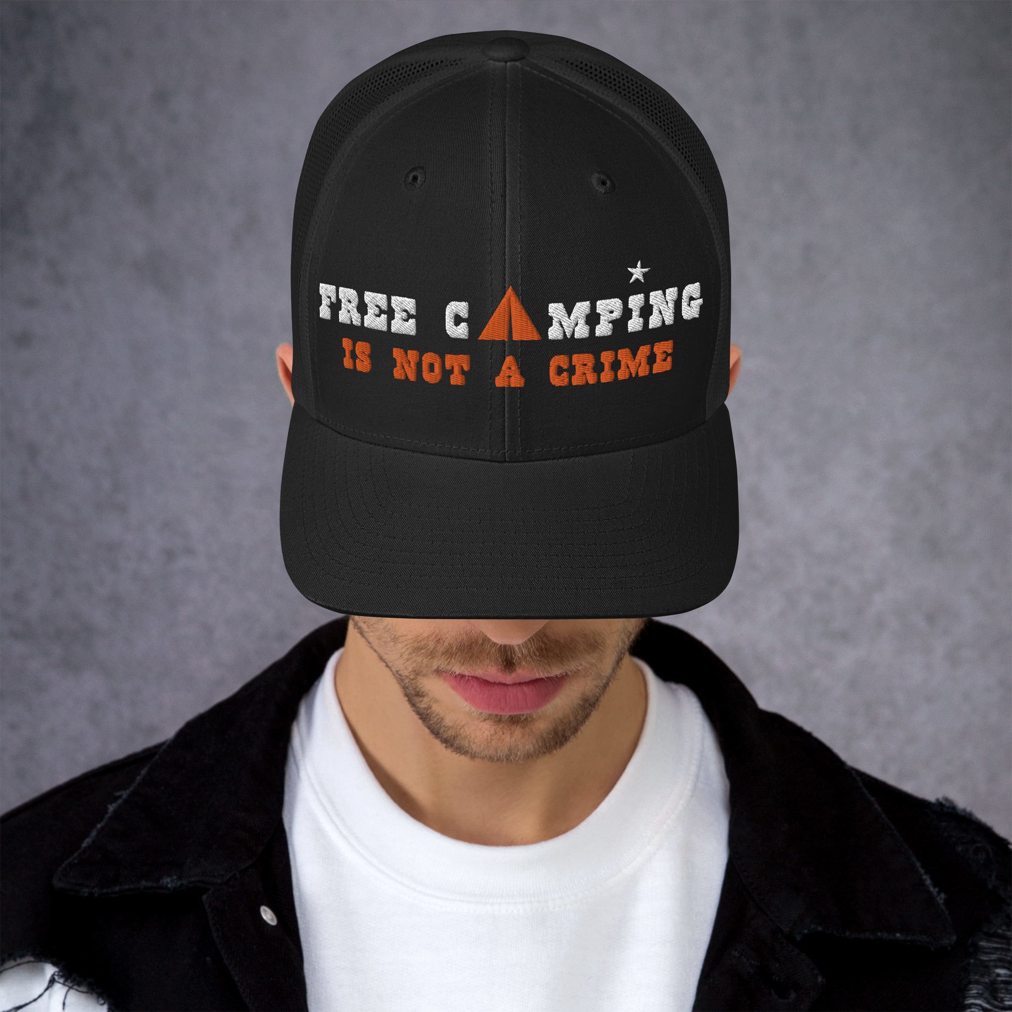 Two-Tone Retro Trucker Cap Free camping is not a crime white/orange