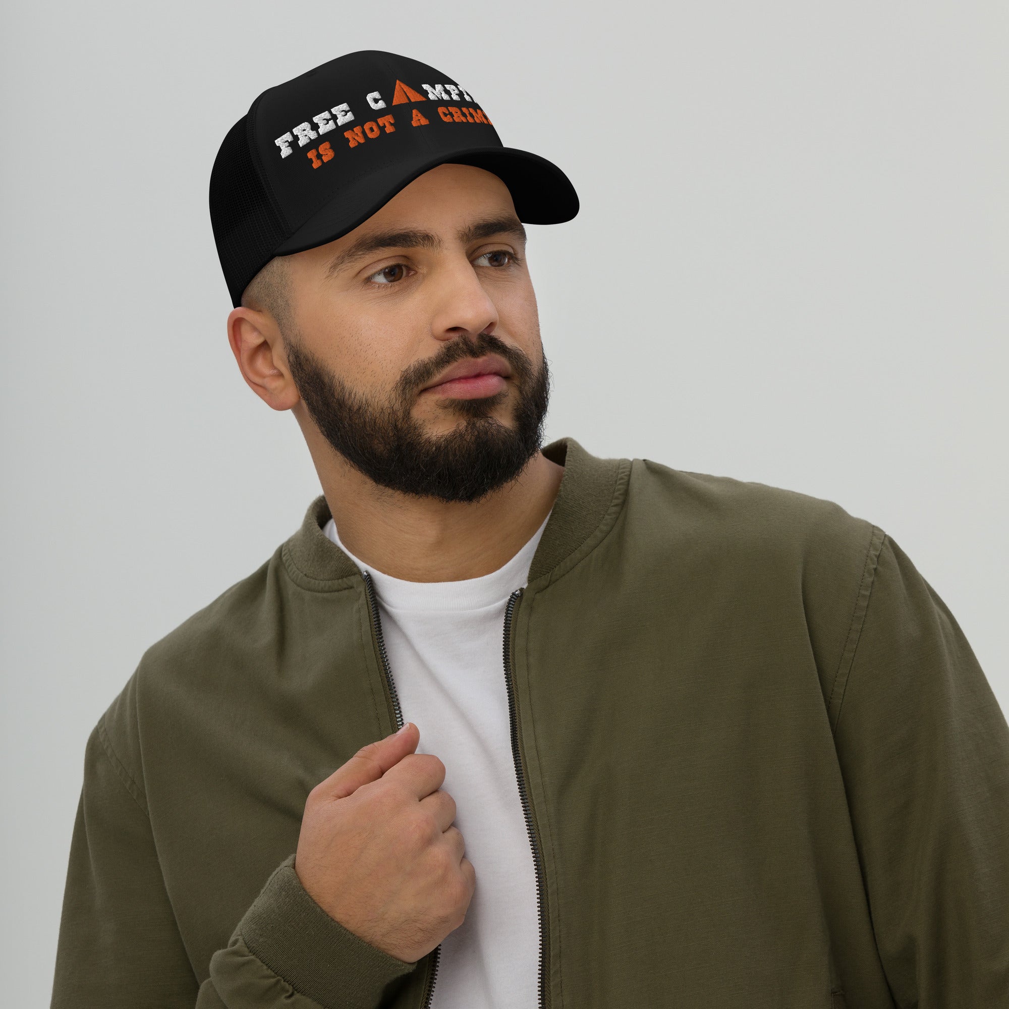 Two-Tone Retro Trucker Cap Free camping is not a crime white/orange