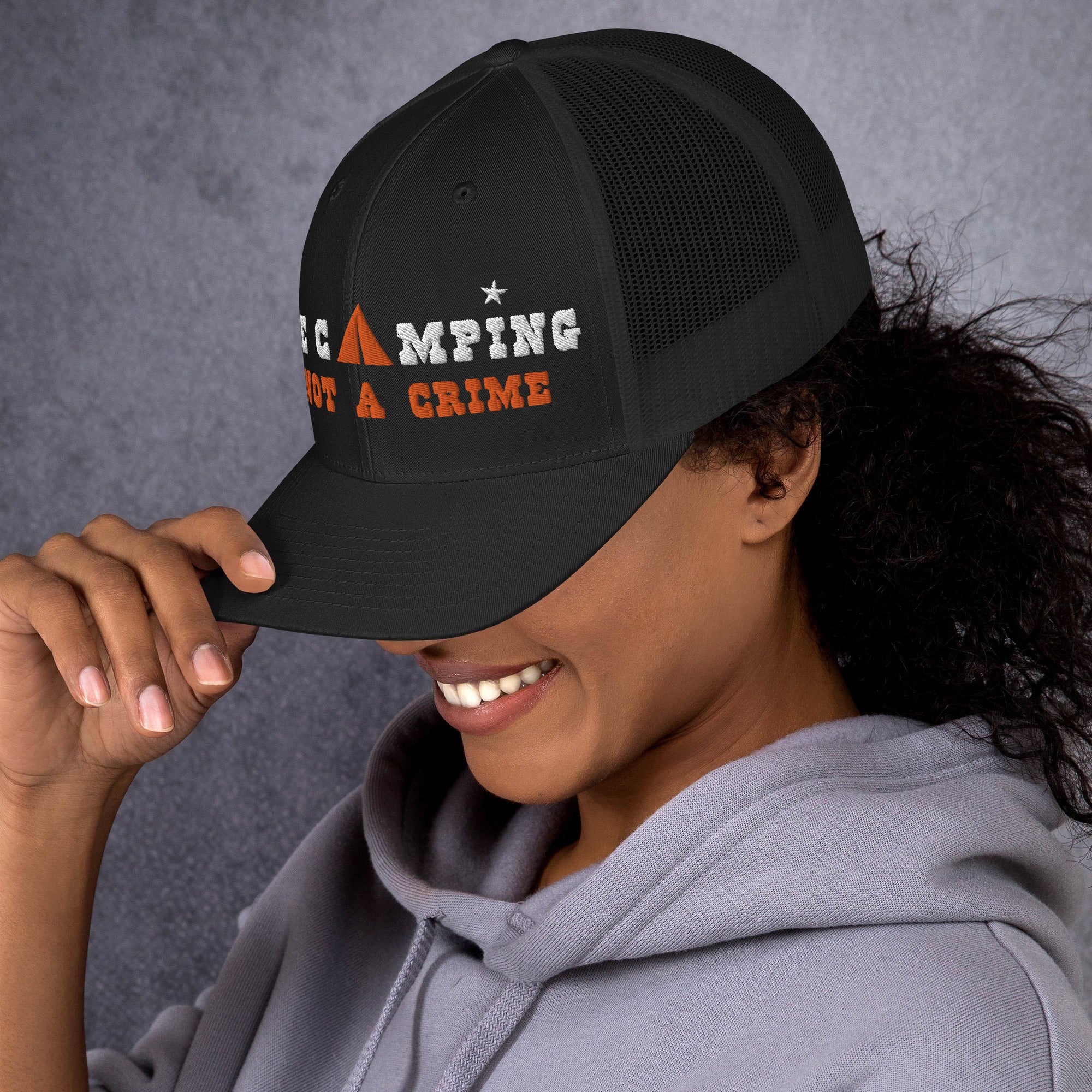 Two-Tone Retro Trucker Cap Free camping is not a crime white/orange