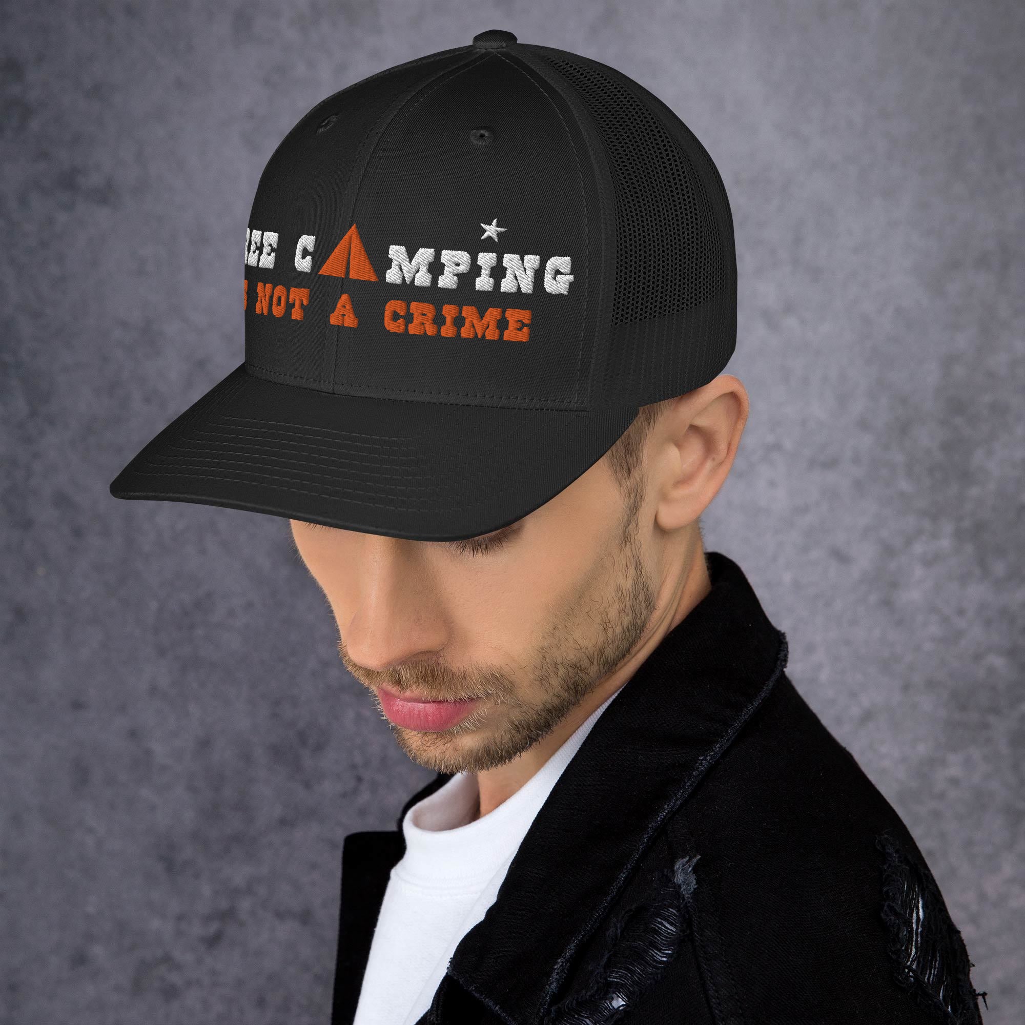 Two-Tone Retro Trucker Cap Free camping is not a crime white/orange