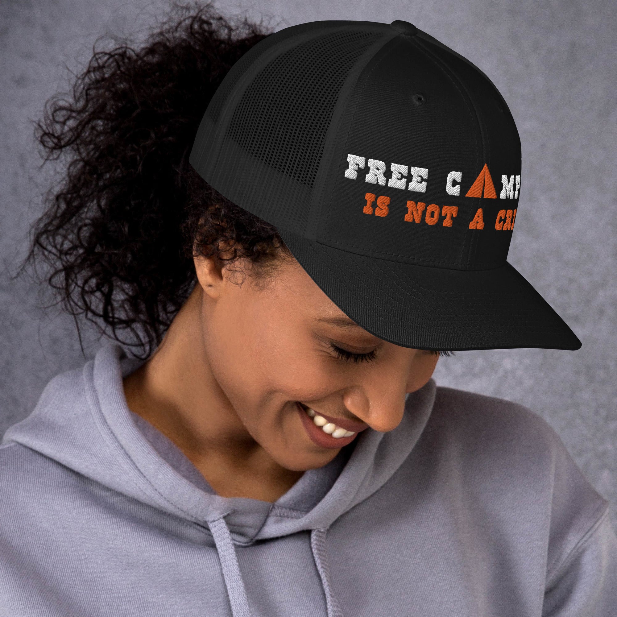 Two-Tone Retro Trucker Cap Free camping is not a crime white/orange