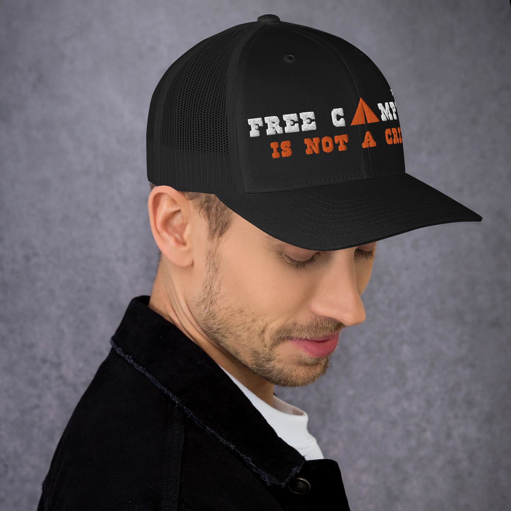 Two-Tone Retro Trucker Cap Free camping is not a crime white/orange