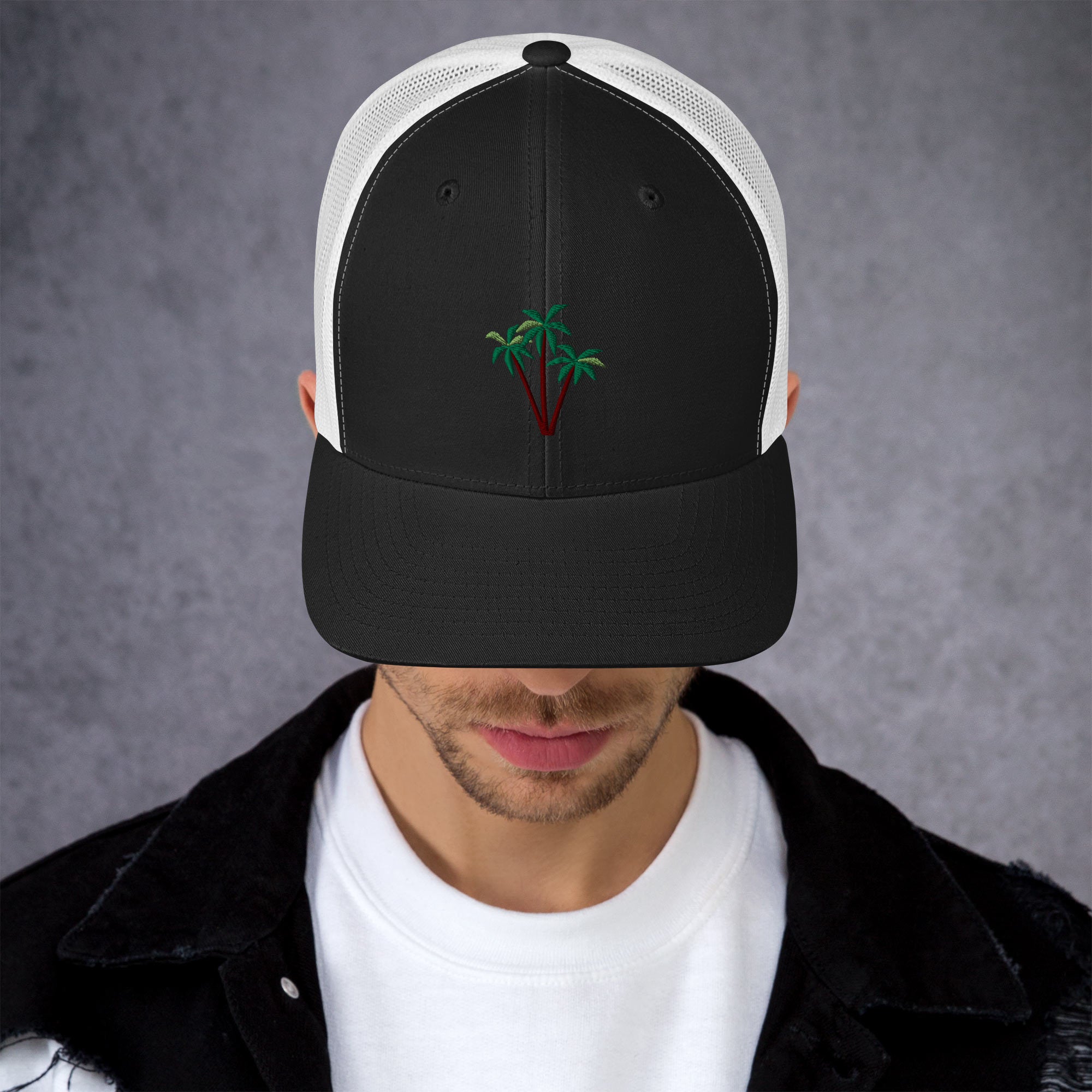 Two-Tone Retro Trucker Cap Three Palm Trees