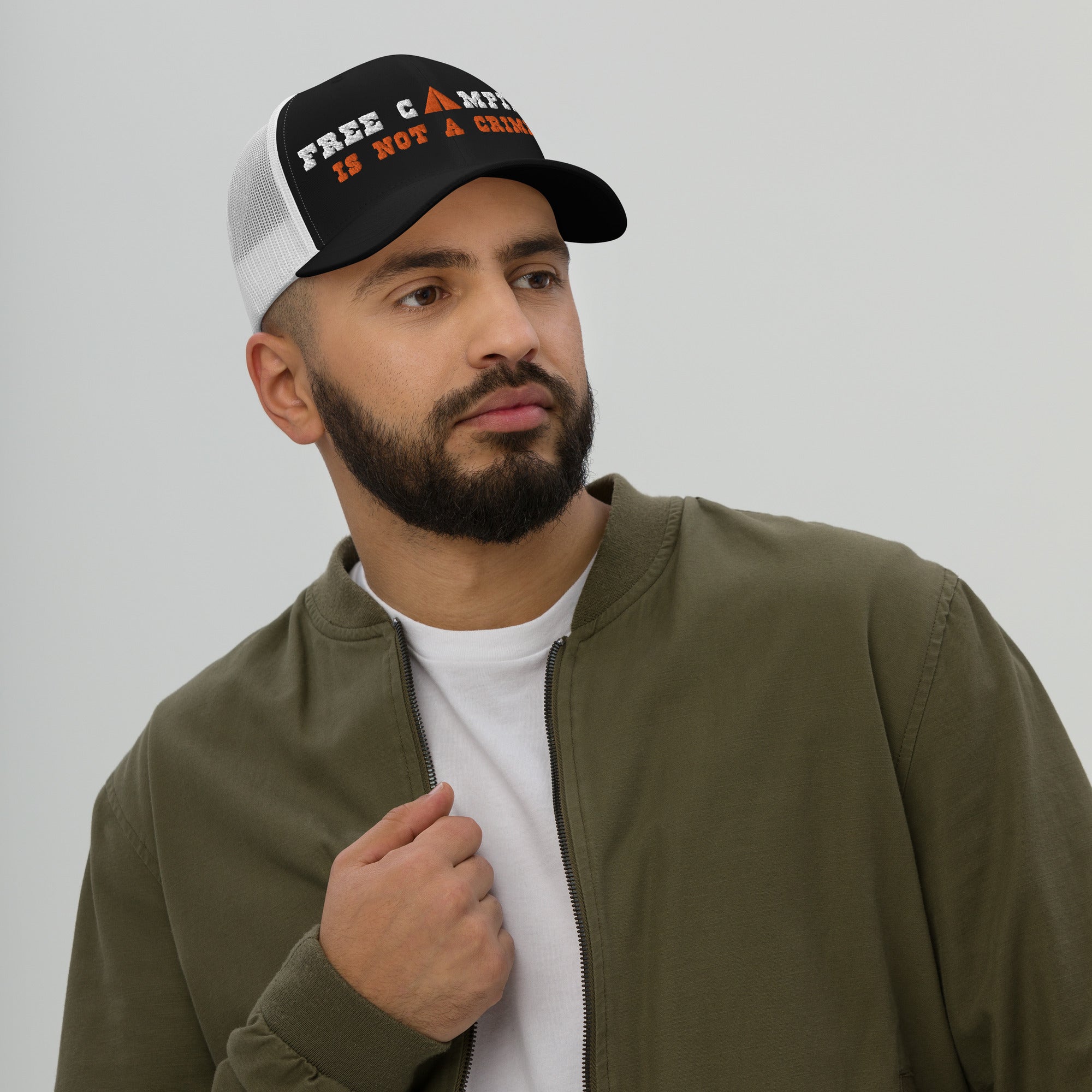 Two-Tone Retro Trucker Cap Free camping is not a crime white/orange