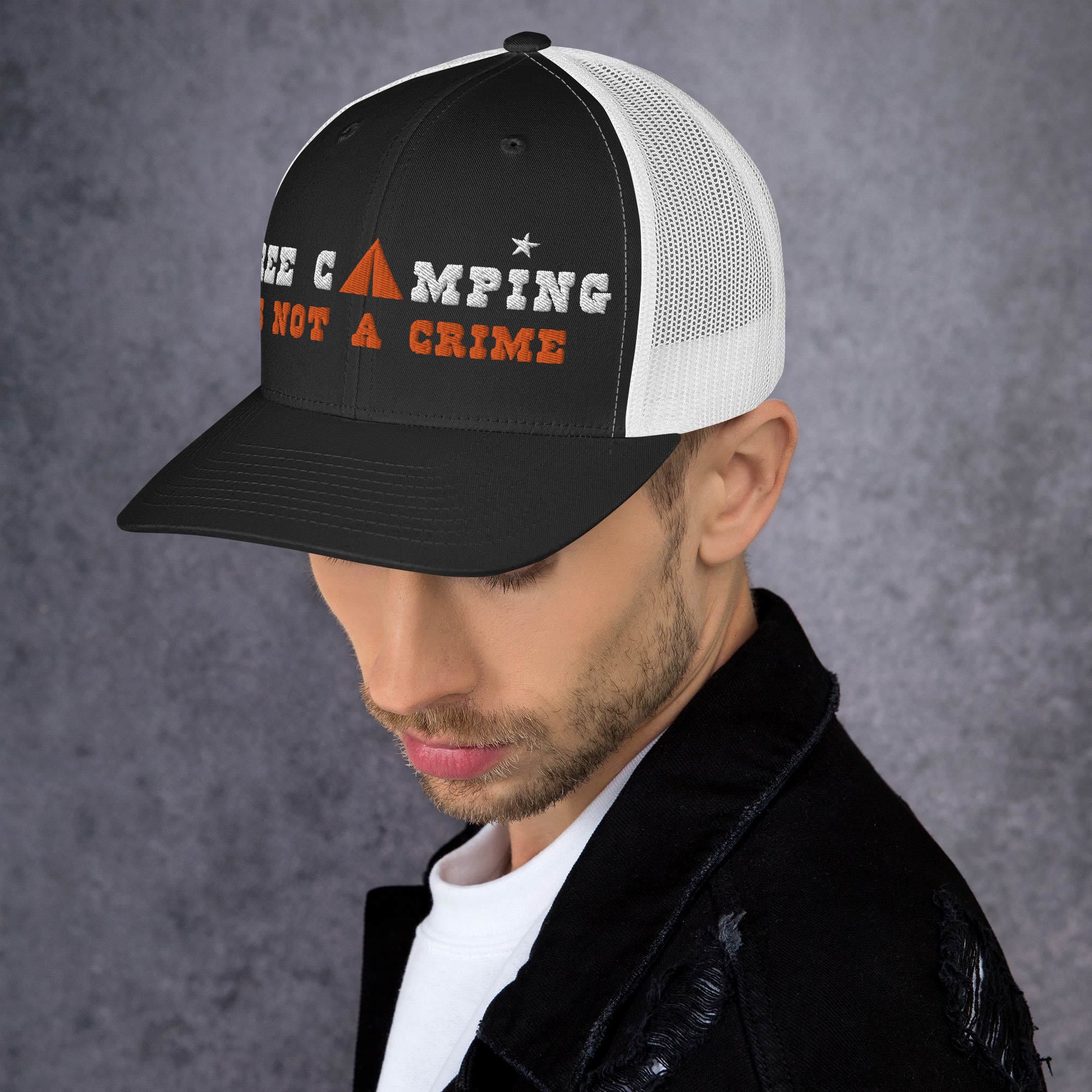 Two-Tone Retro Trucker Cap Free camping is not a crime white/orange