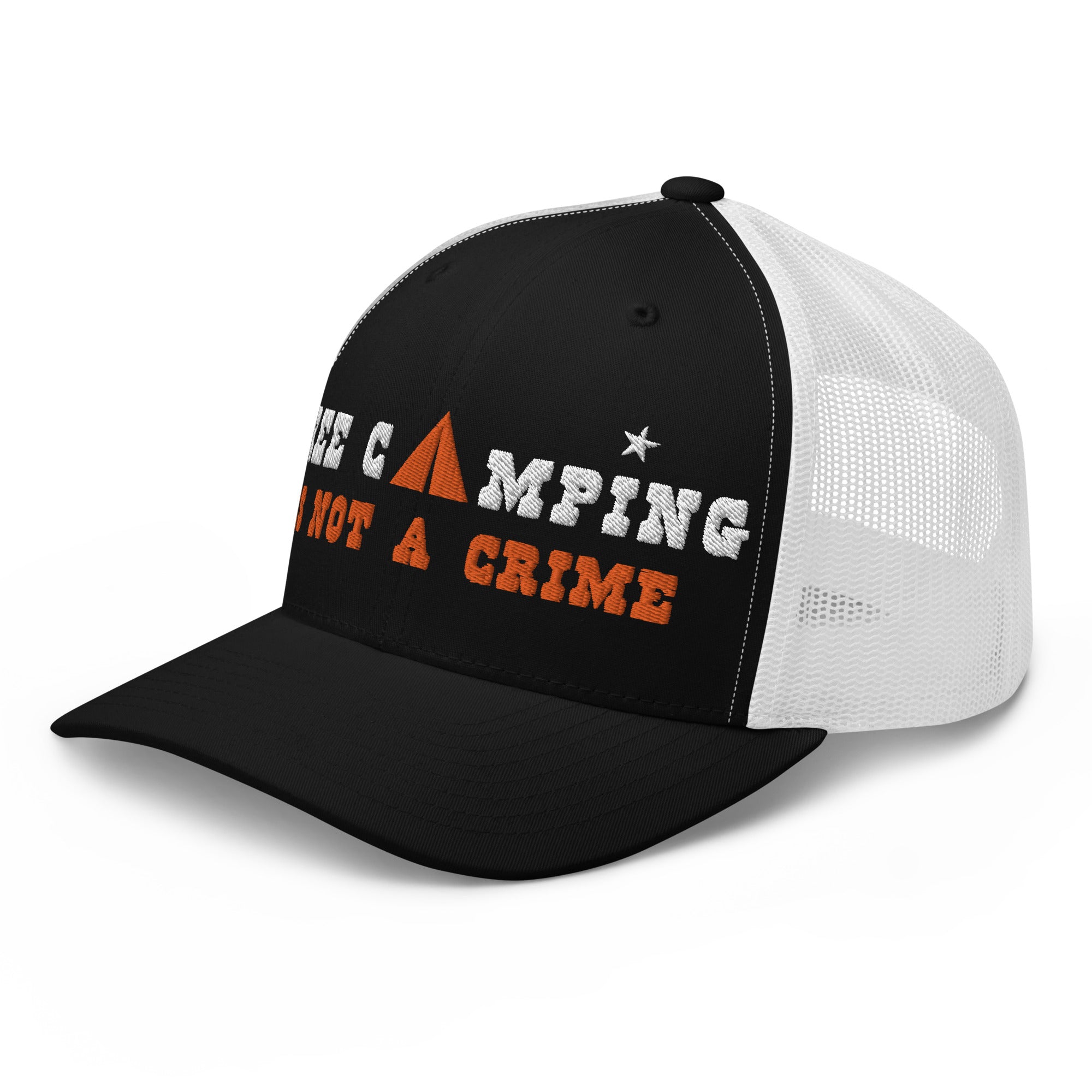 Two-Tone Retro Trucker Cap Free camping is not a crime white/orange