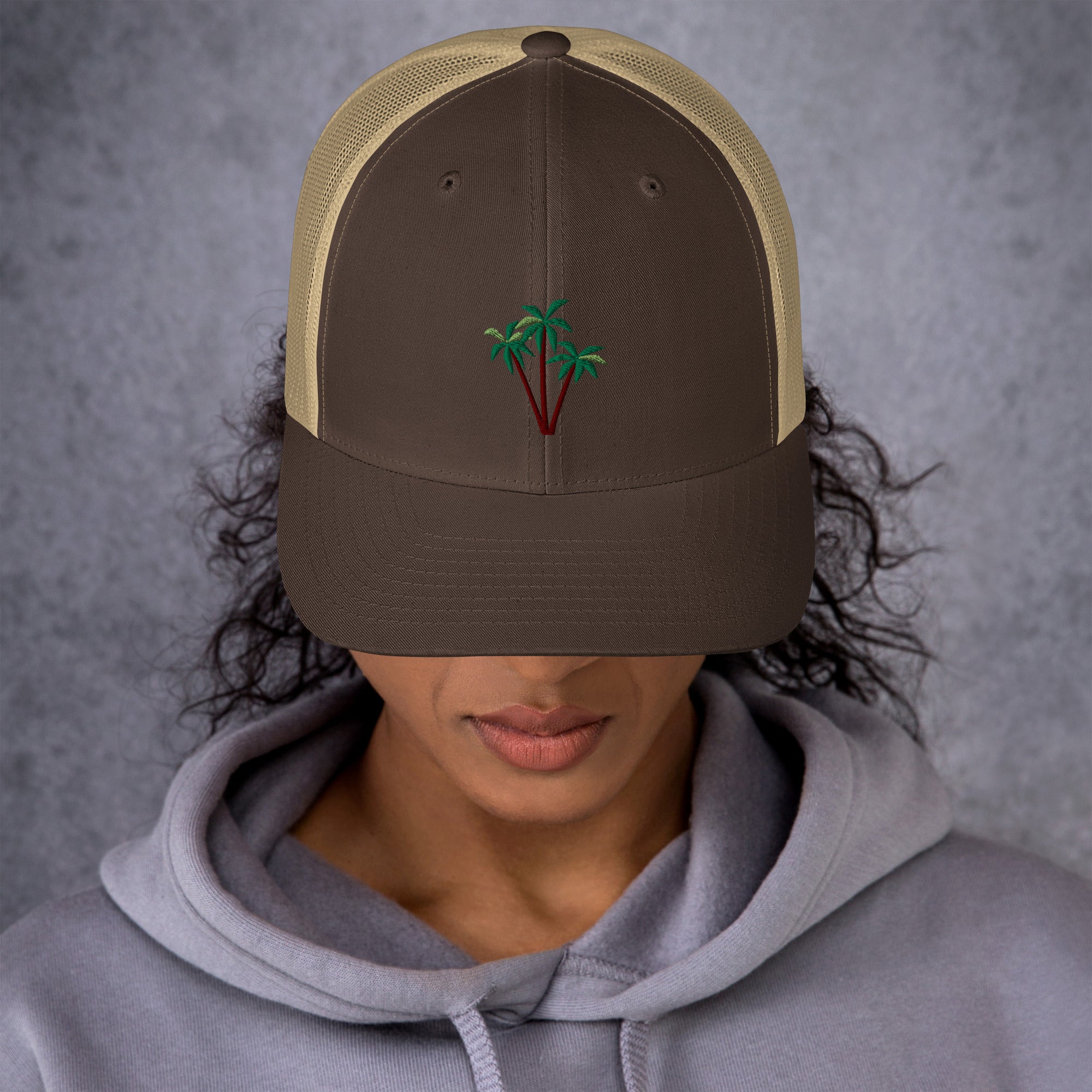 Two-Tone Retro Trucker Cap Three Palm Trees