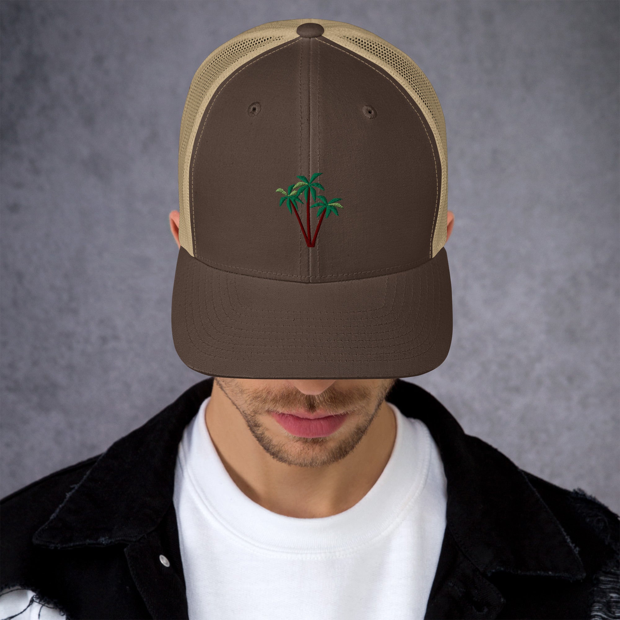 Two-Tone Retro Trucker Cap Three Palm Trees