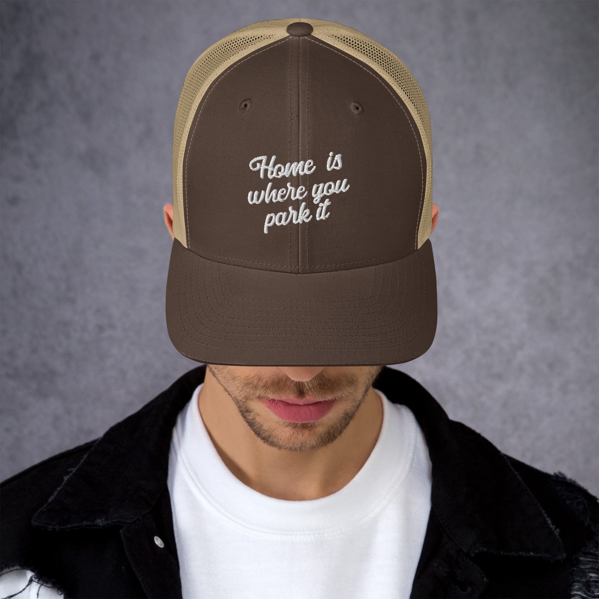 Two-Tone Retro Trucker Cap Home is where you park it white