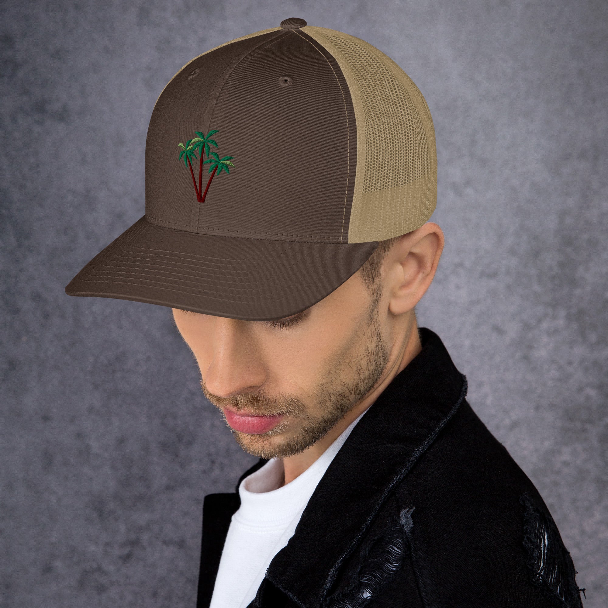 Two-Tone Retro Trucker Cap Three Palm Trees