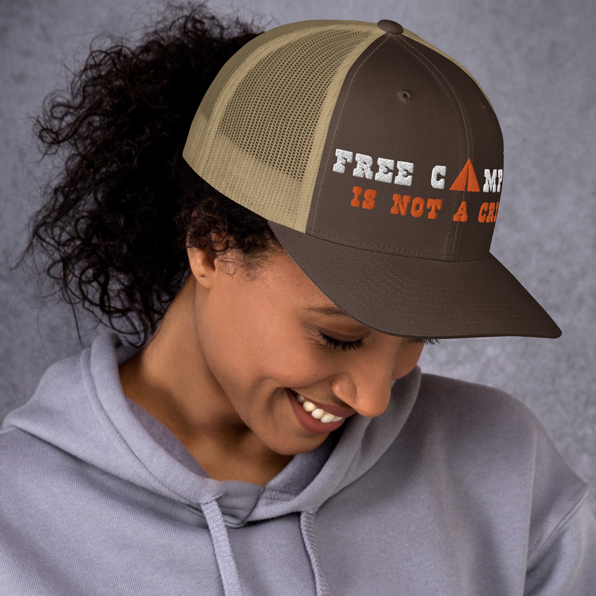 Two-Tone Retro Trucker Cap Free camping is not a crime white/orange