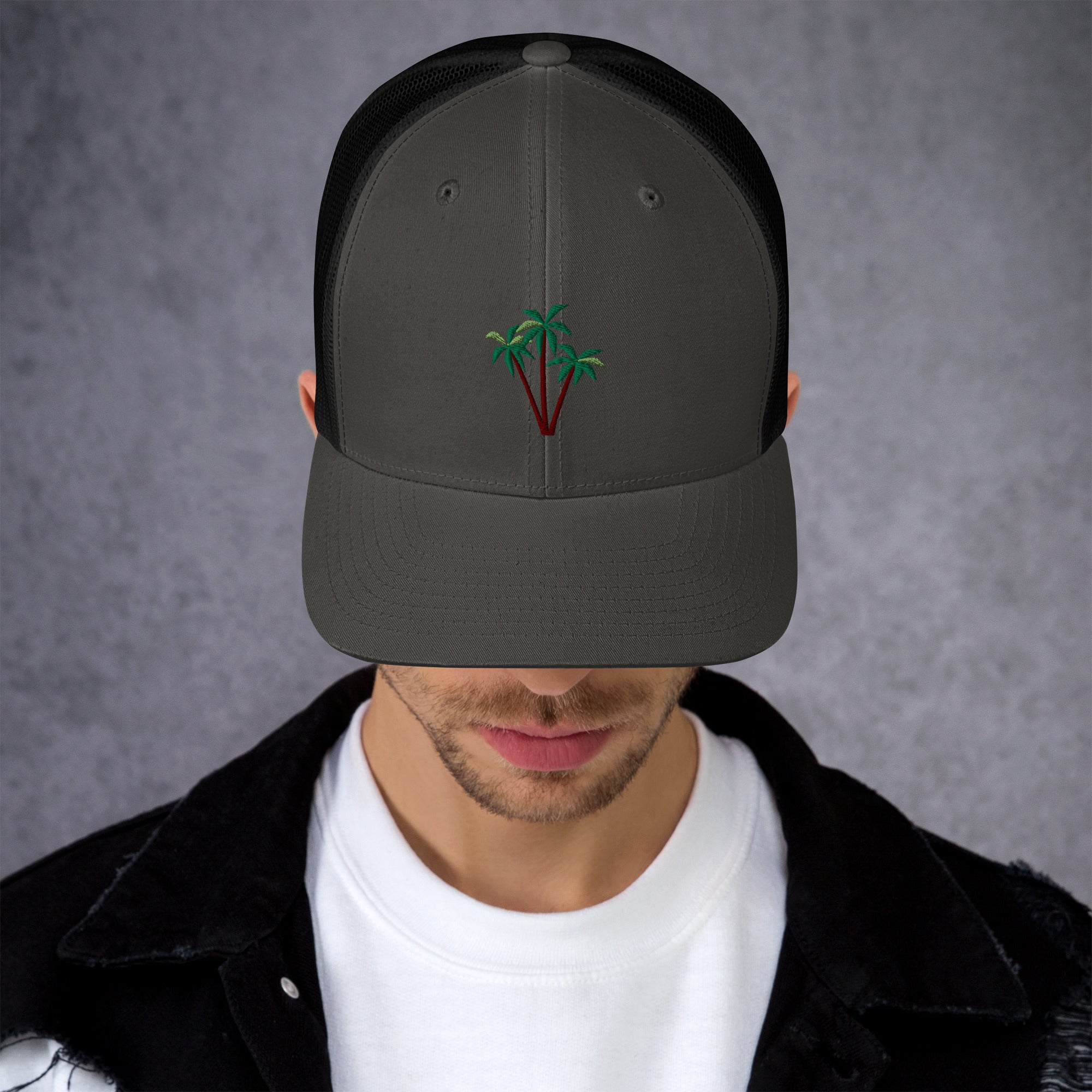 Two-Tone Retro Trucker Cap Three Palm Trees