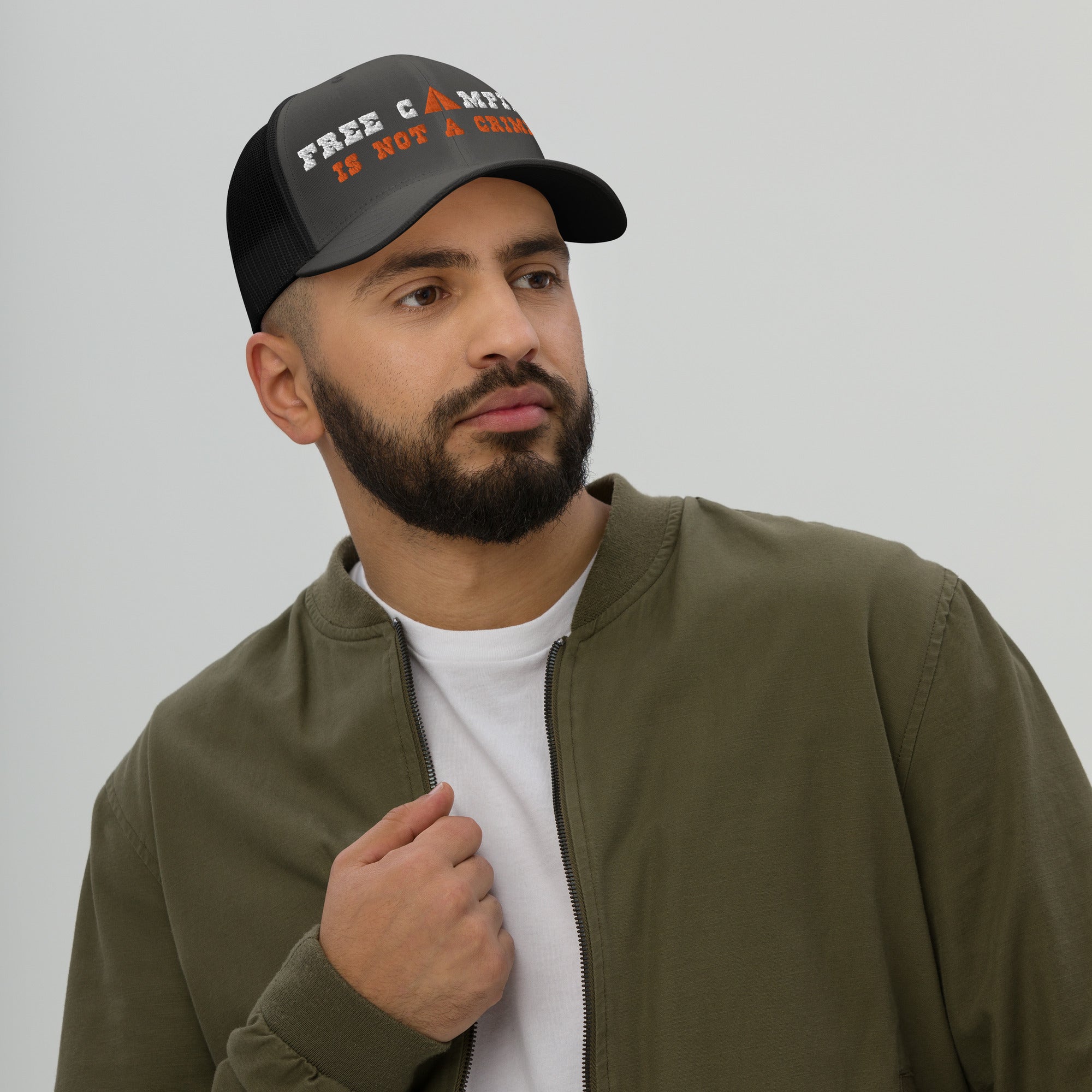 Two-Tone Retro Trucker Cap Free camping is not a crime white/orange