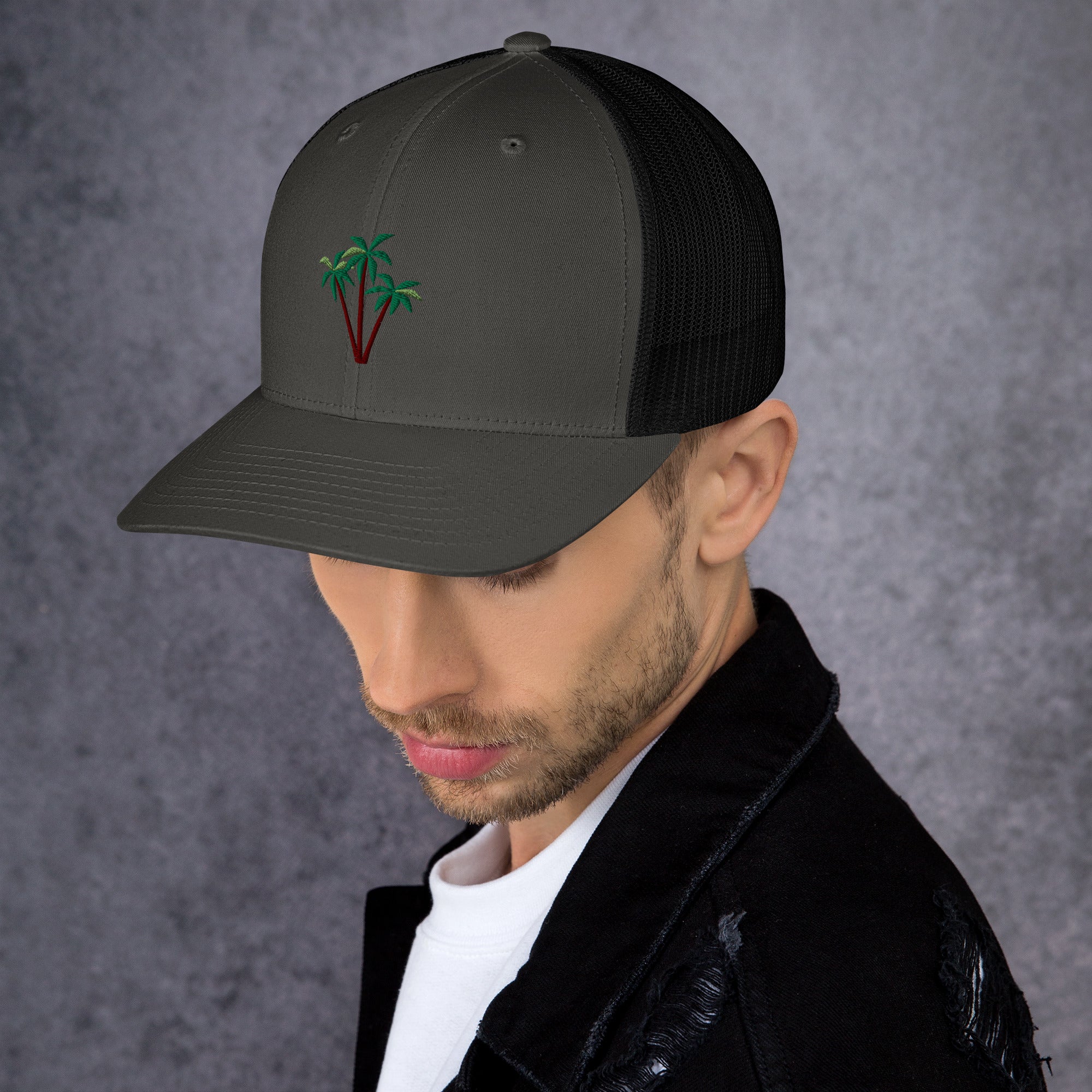 Two-Tone Retro Trucker Cap Three Palm Trees