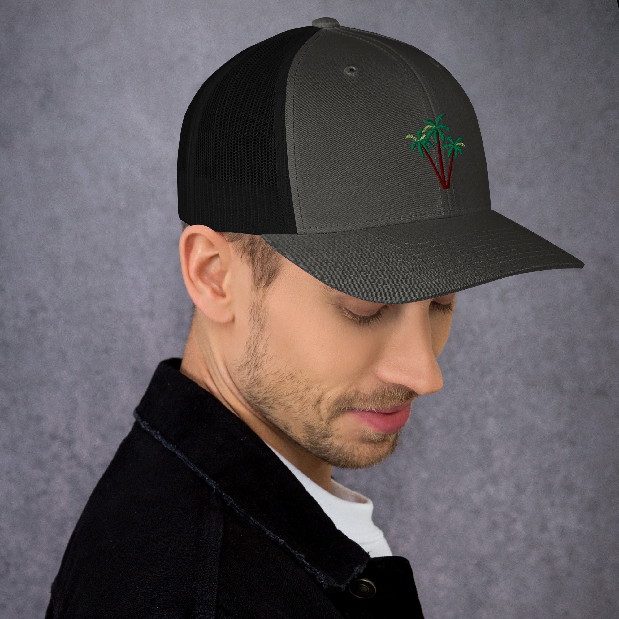 Two-Tone Retro Trucker Cap Three Palm Trees