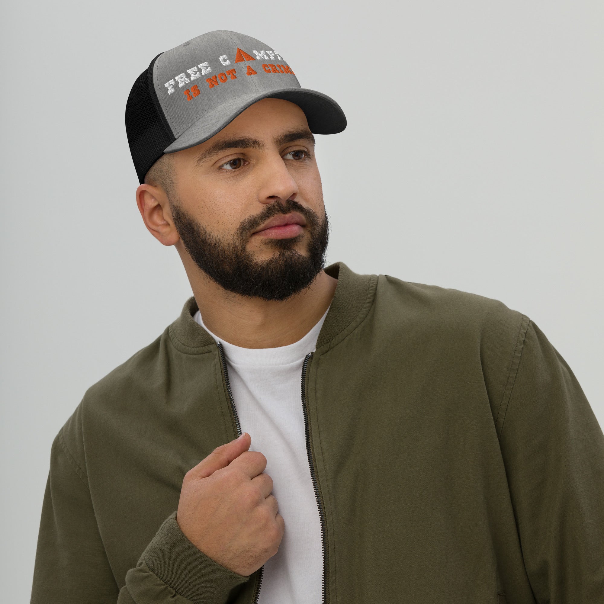 Two-Tone Retro Trucker Cap Free camping is not a crime white/orange