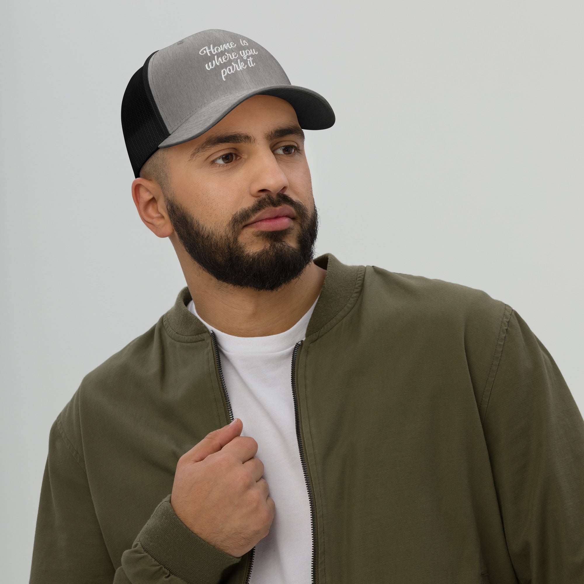 Two-Tone Retro Trucker Cap Home is where you park it white