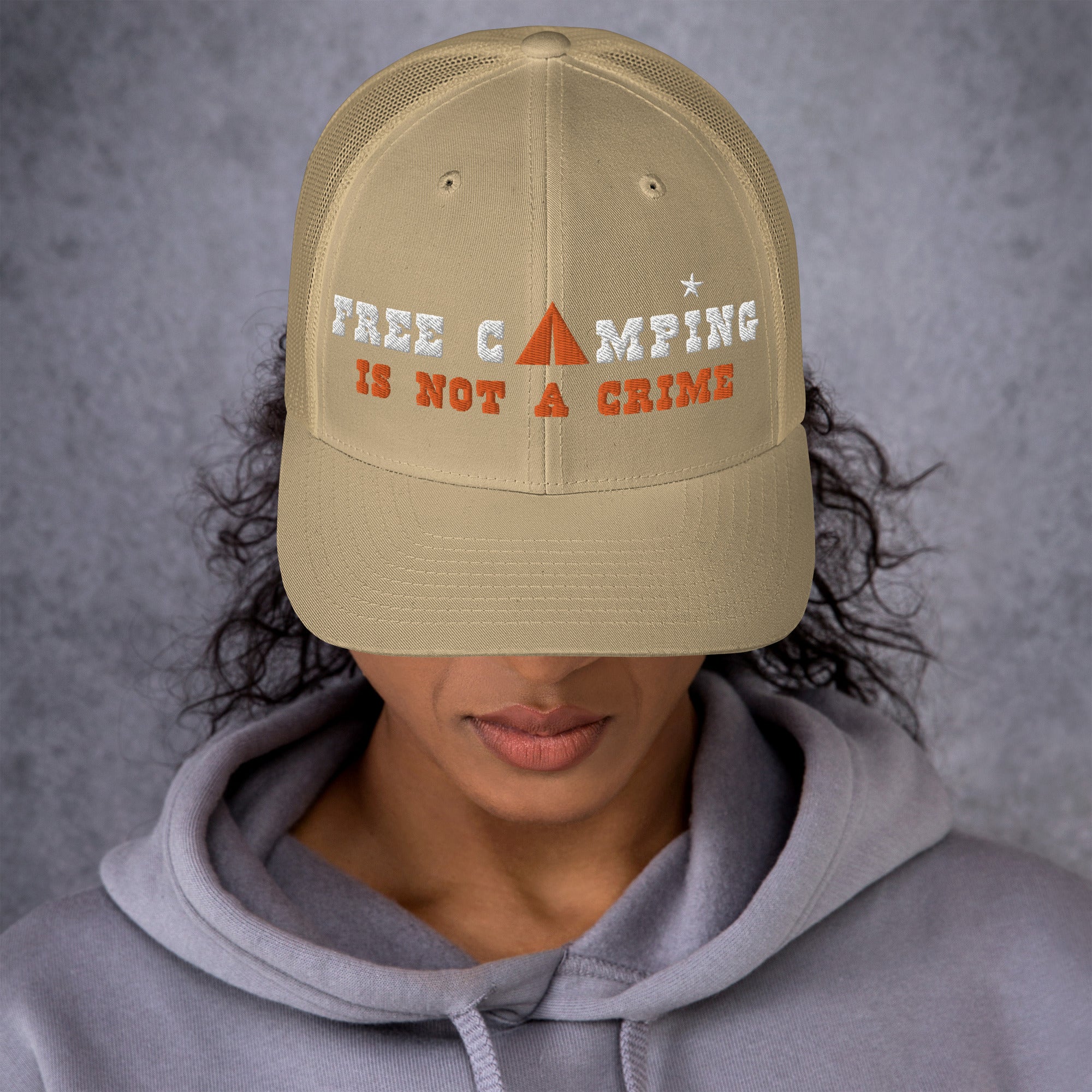 Two-Tone Retro Trucker Cap Free camping is not a crime white/orange