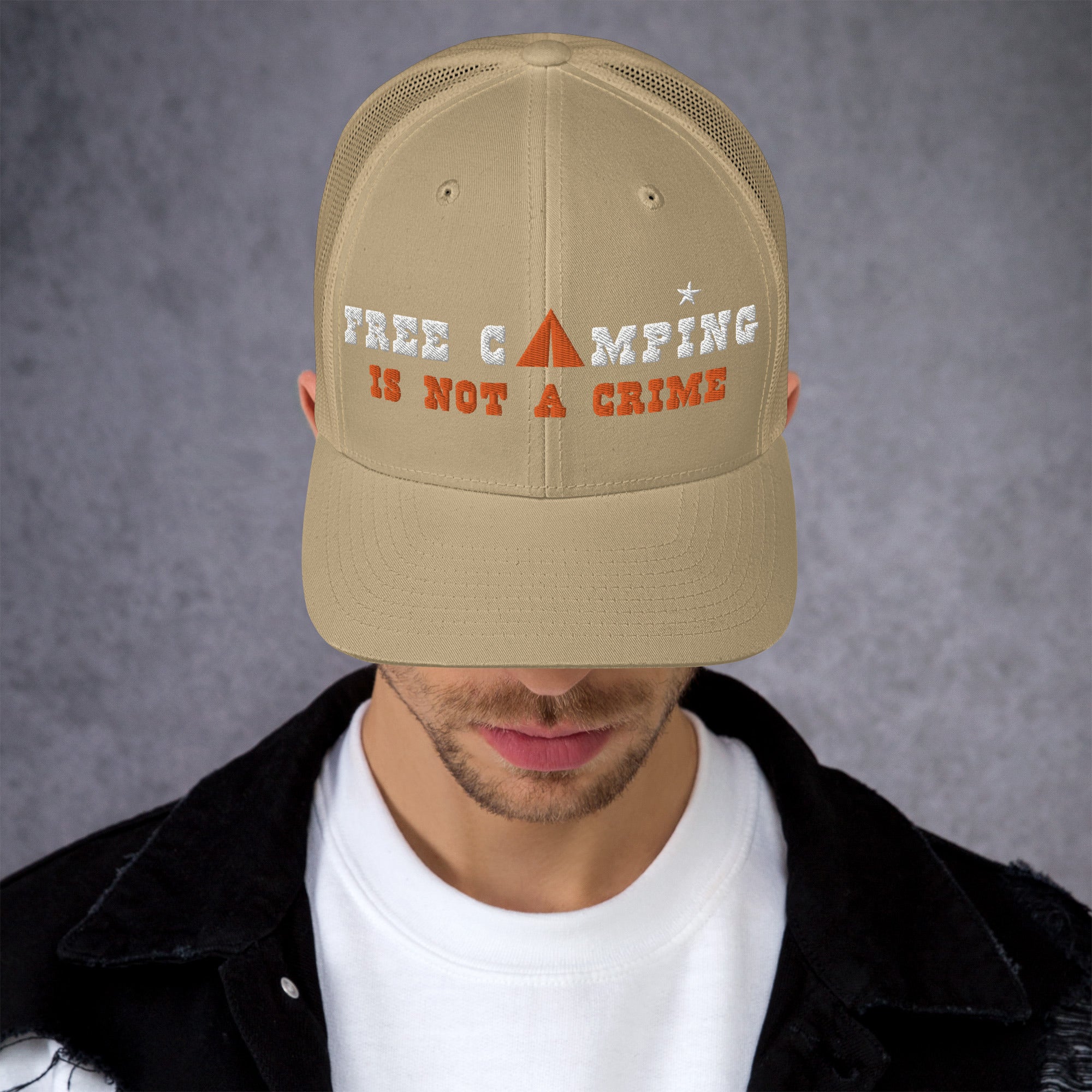 Two-Tone Retro Trucker Cap Free camping is not a crime white/orange