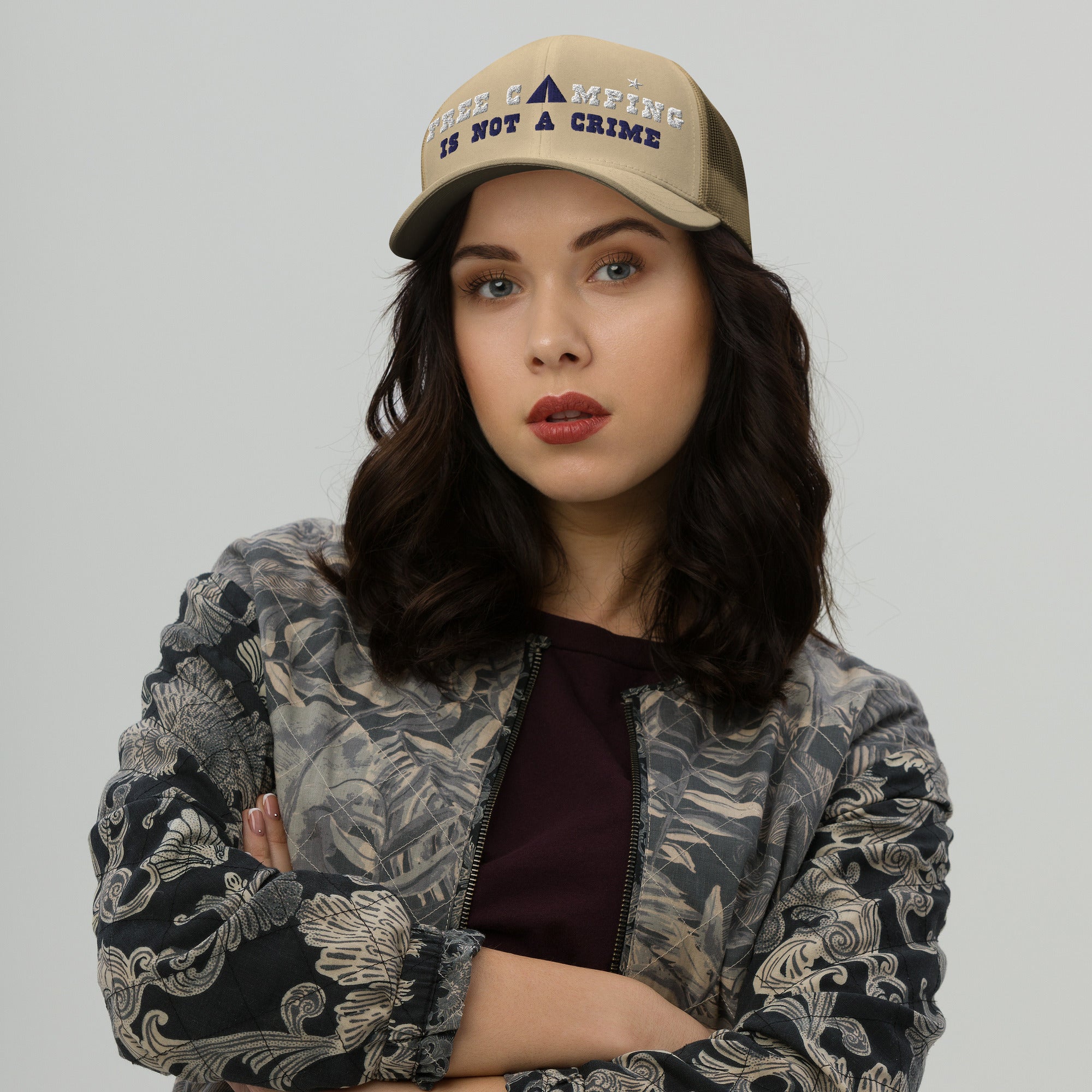 Two-Tone Retro Trucker Cap Free camping is not a crime white/navy