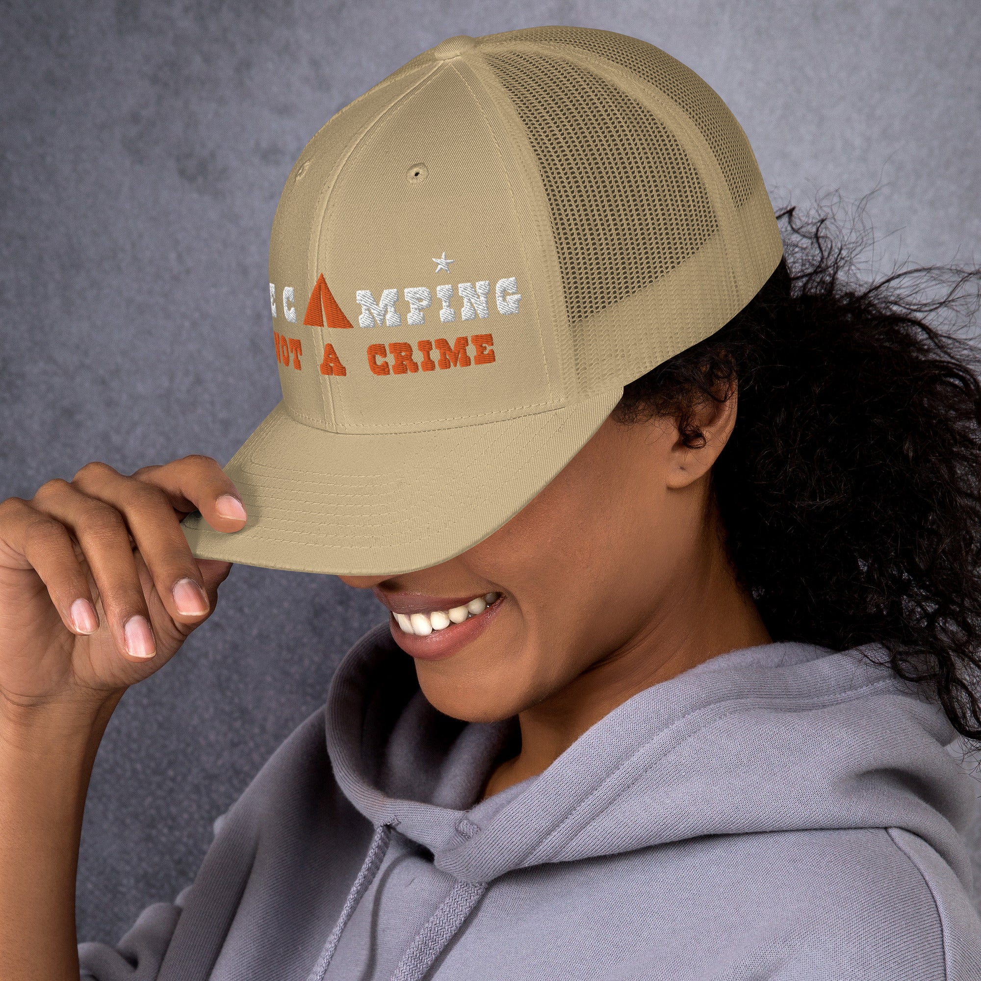 Two-Tone Retro Trucker Cap Free camping is not a crime white/orange