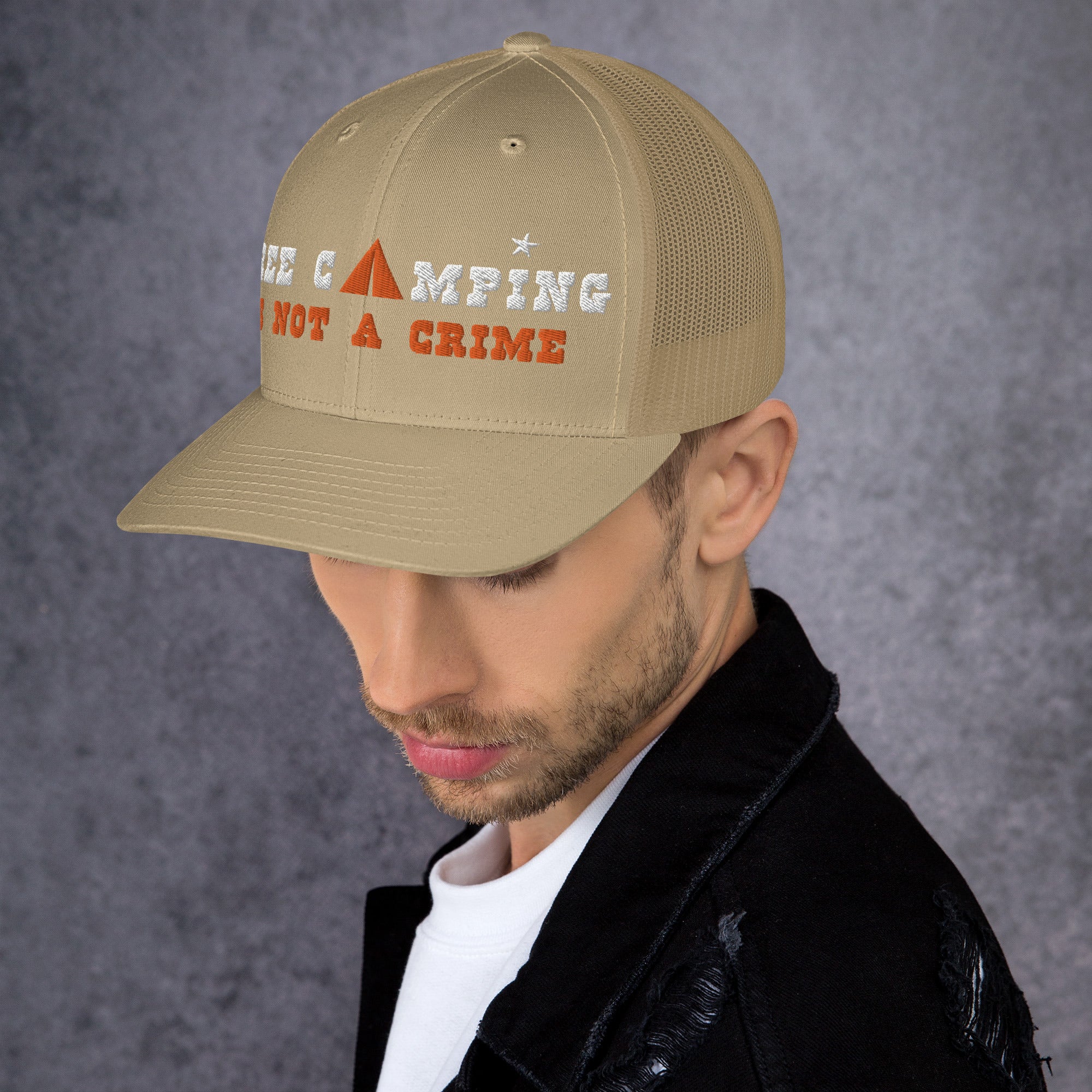 Two-Tone Retro Trucker Cap Free camping is not a crime white/orange