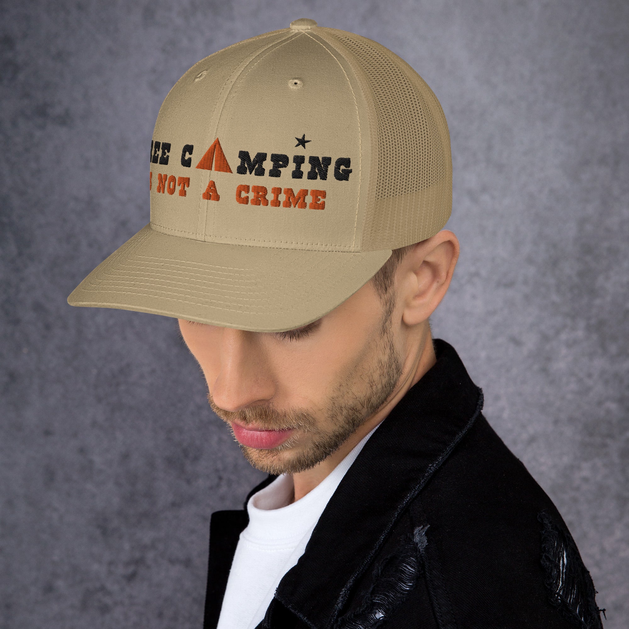 Two-Tone Retro Trucker Cap Free camping is not a crime black/orange