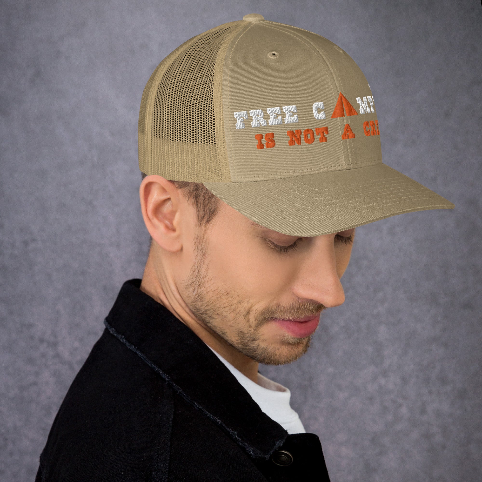 Two-Tone Retro Trucker Cap Free camping is not a crime white/orange