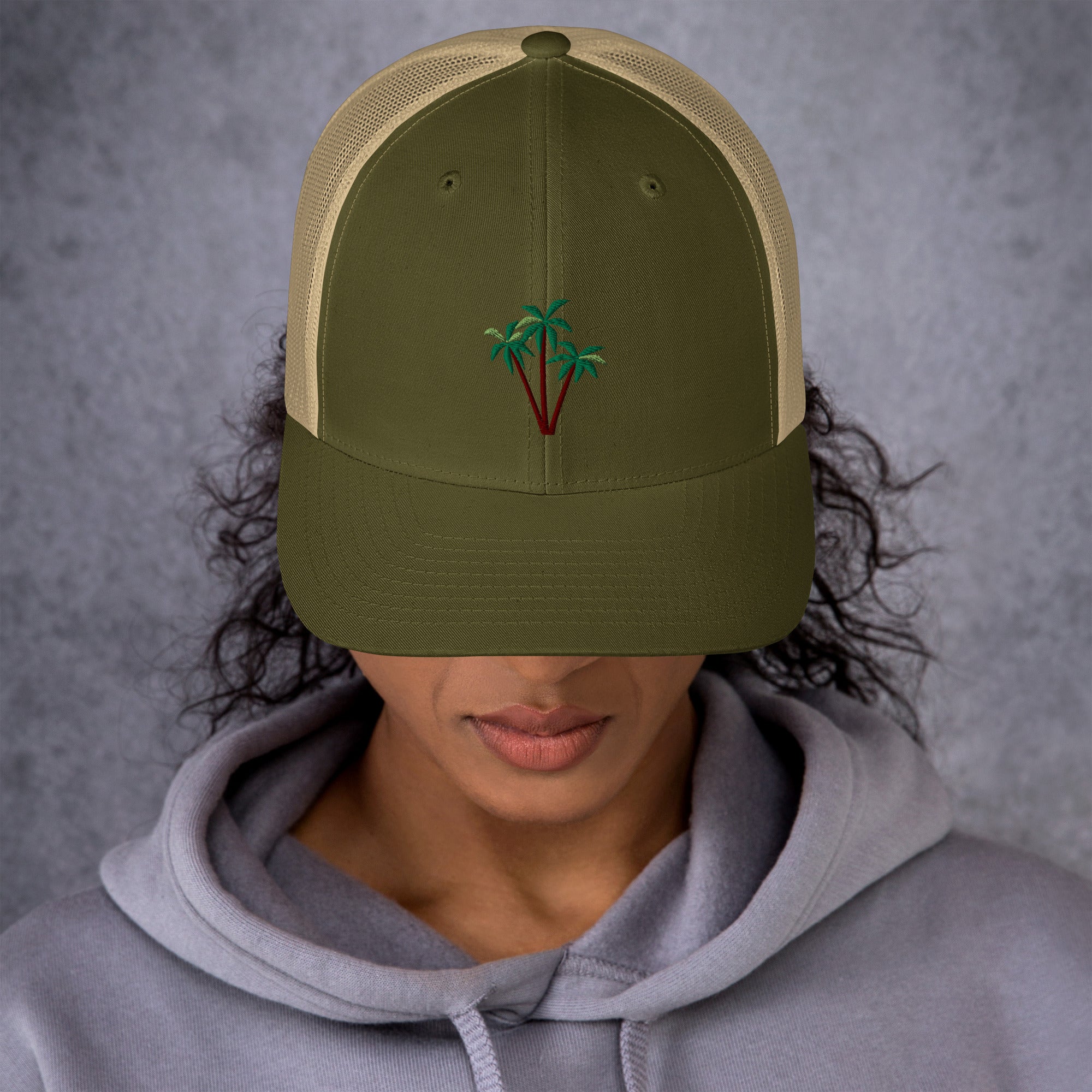 Two-Tone Retro Trucker Cap Three Palm Trees