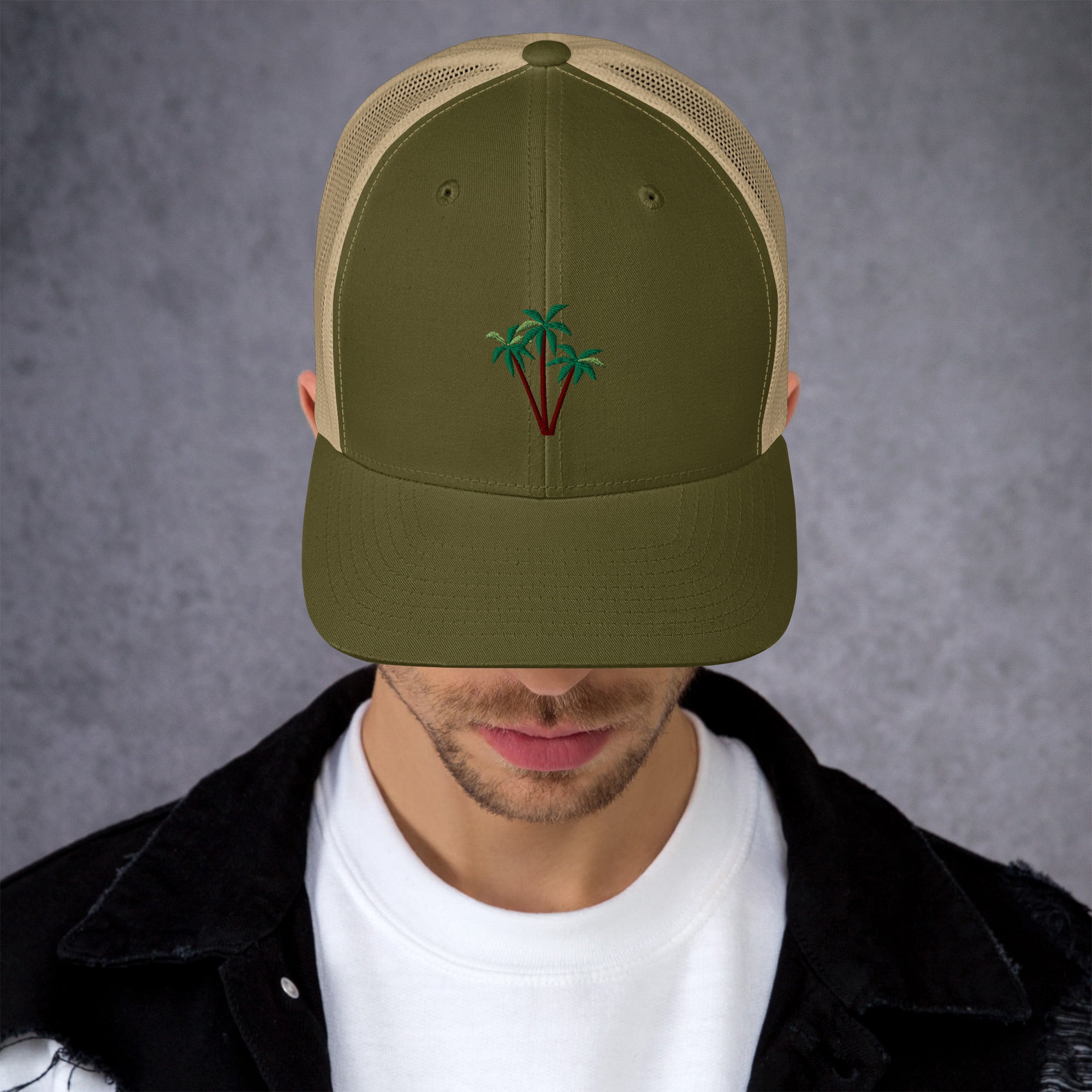 Two-Tone Retro Trucker Cap Three Palm Trees