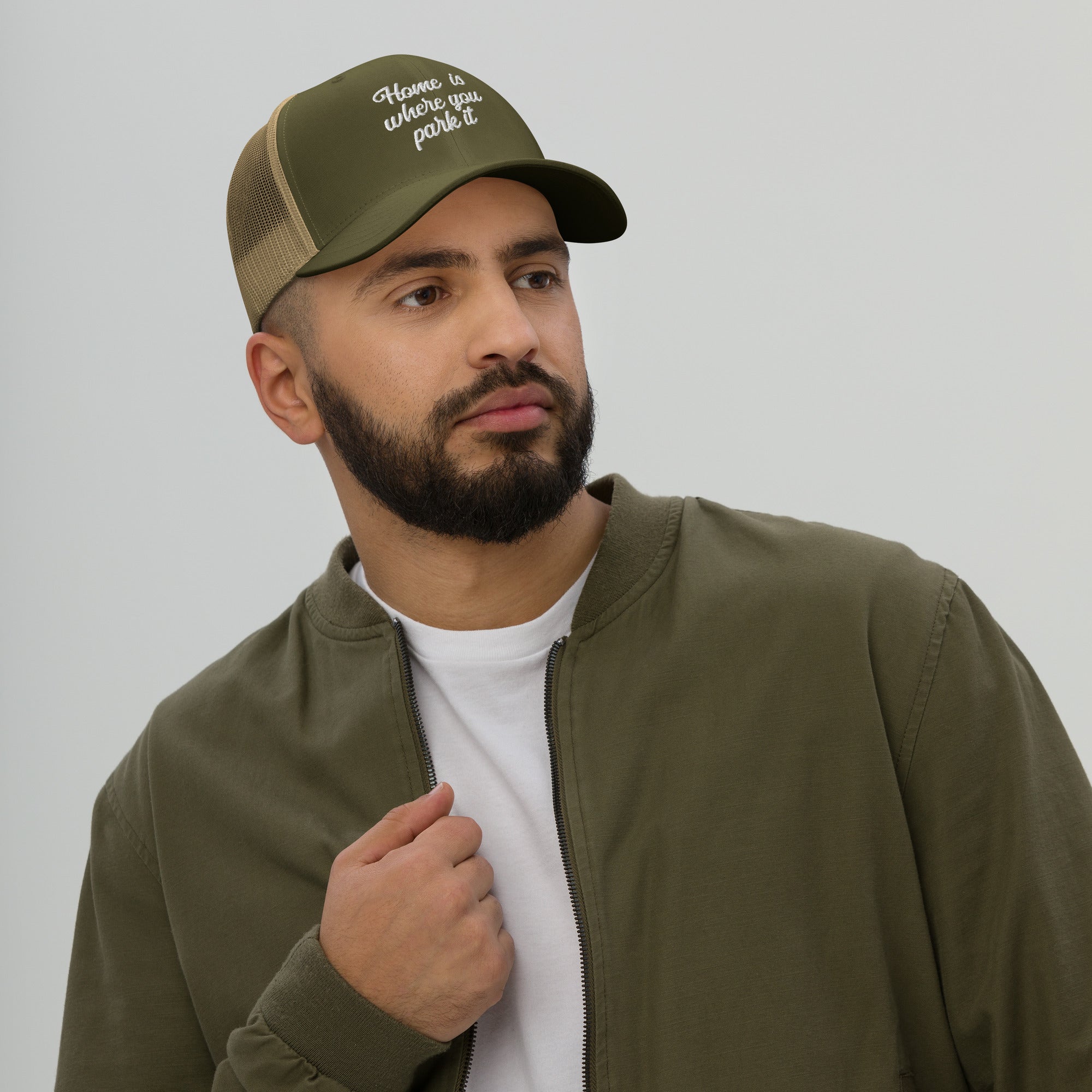 Two-Tone Retro Trucker Cap Home is where you park it white