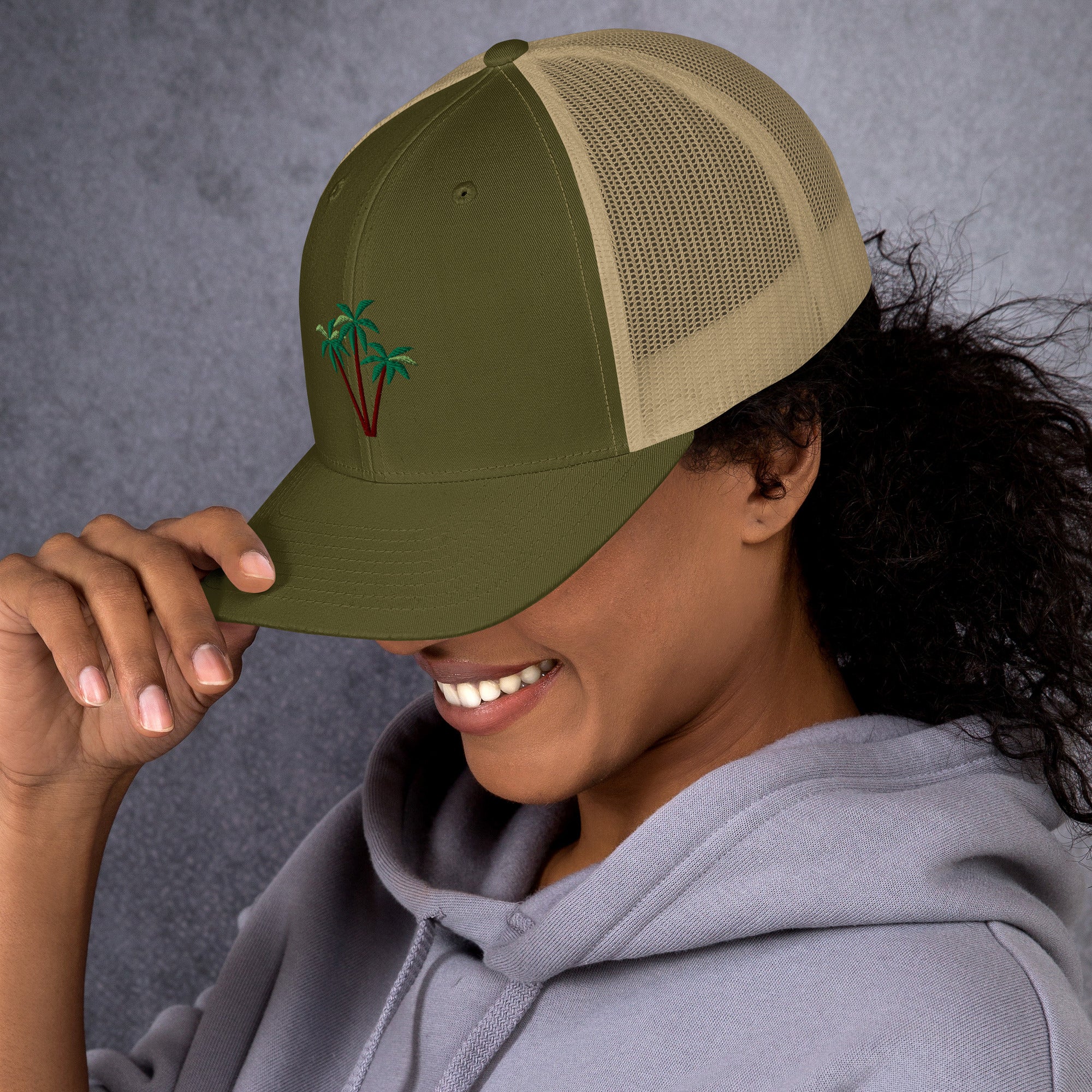 Two-Tone Retro Trucker Cap Three Palm Trees