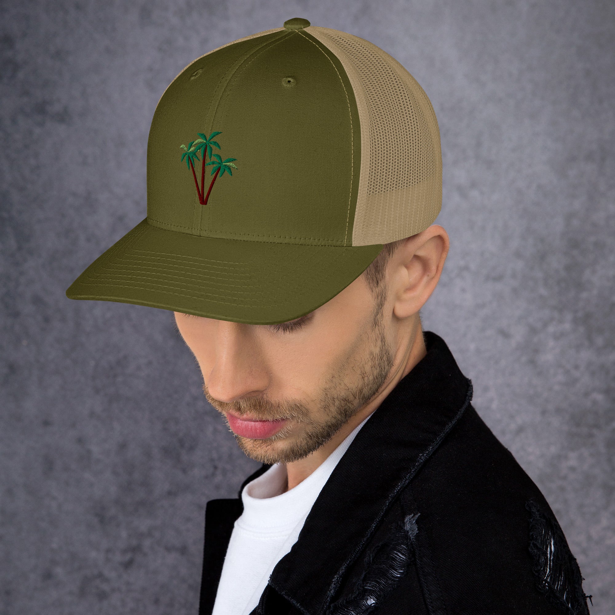 Two-Tone Retro Trucker Cap Three Palm Trees