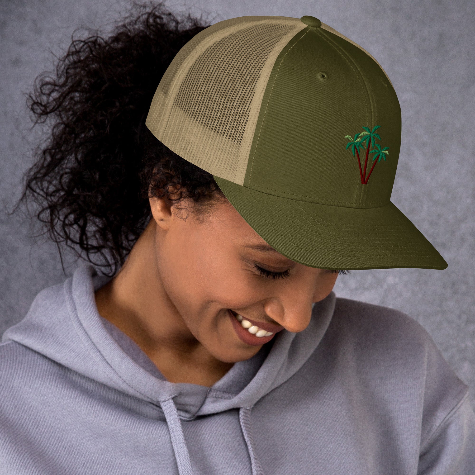 Two-Tone Retro Trucker Cap Three Palm Trees