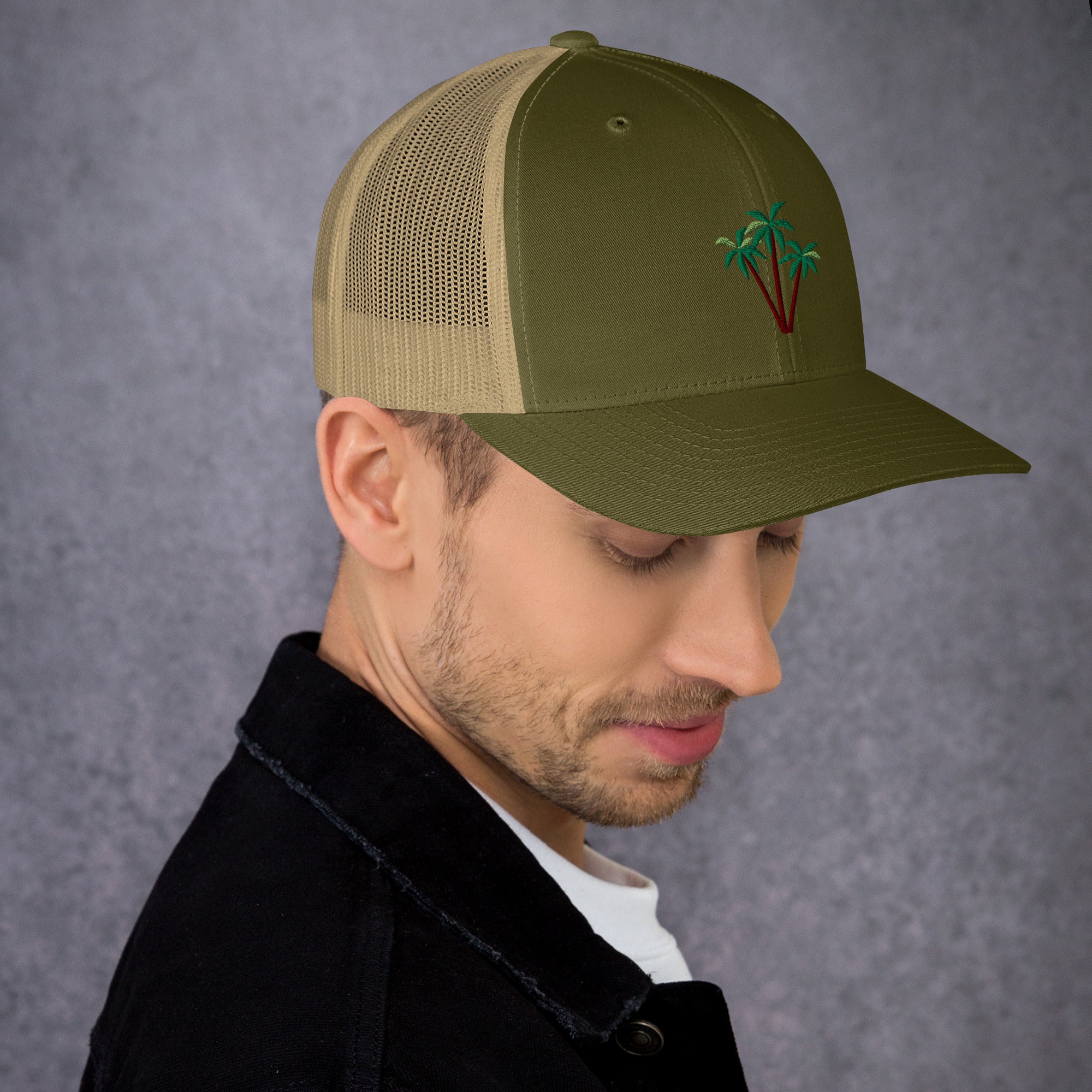 Two-Tone Retro Trucker Cap Three Palm Trees