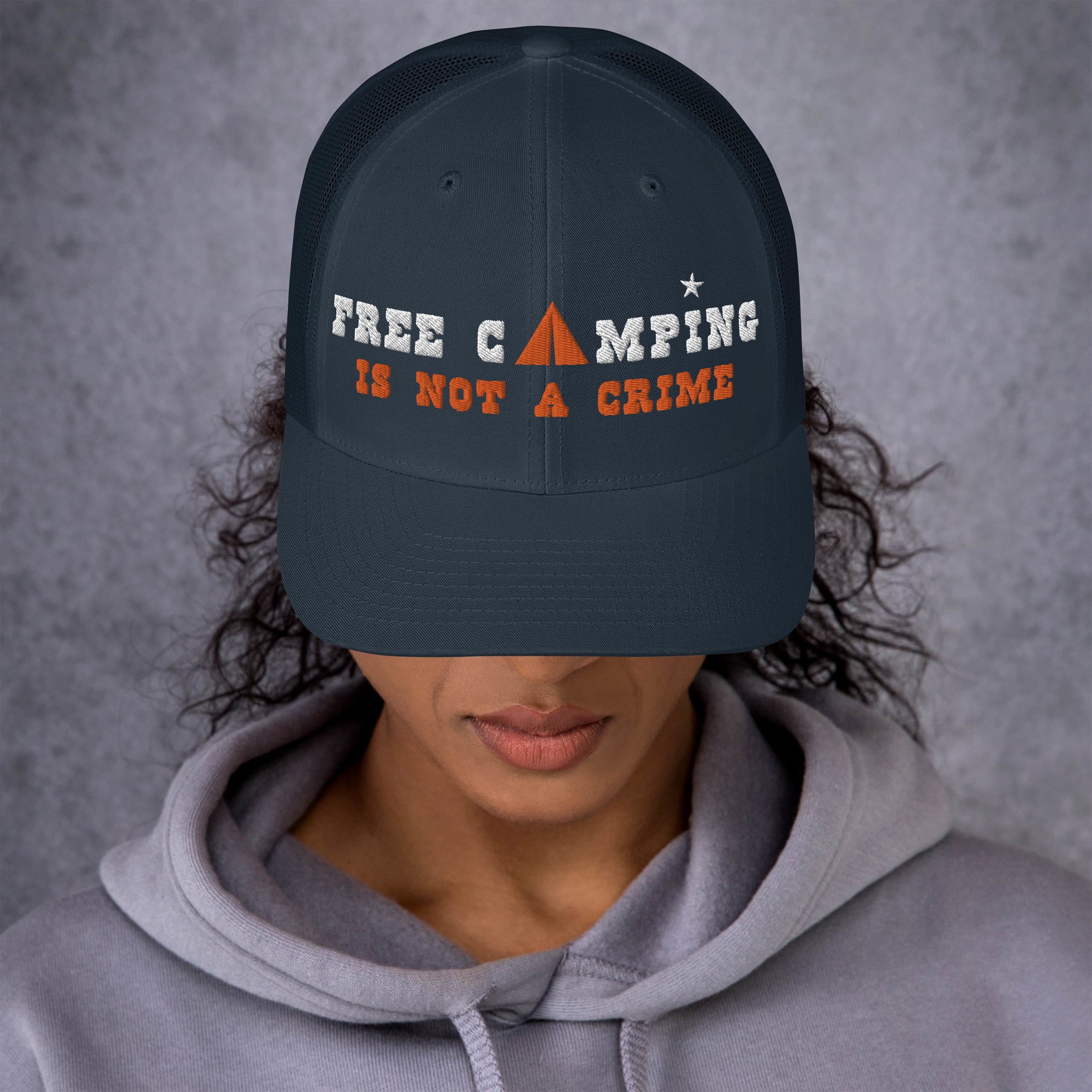 Two-Tone Retro Trucker Cap Free camping is not a crime white/orange