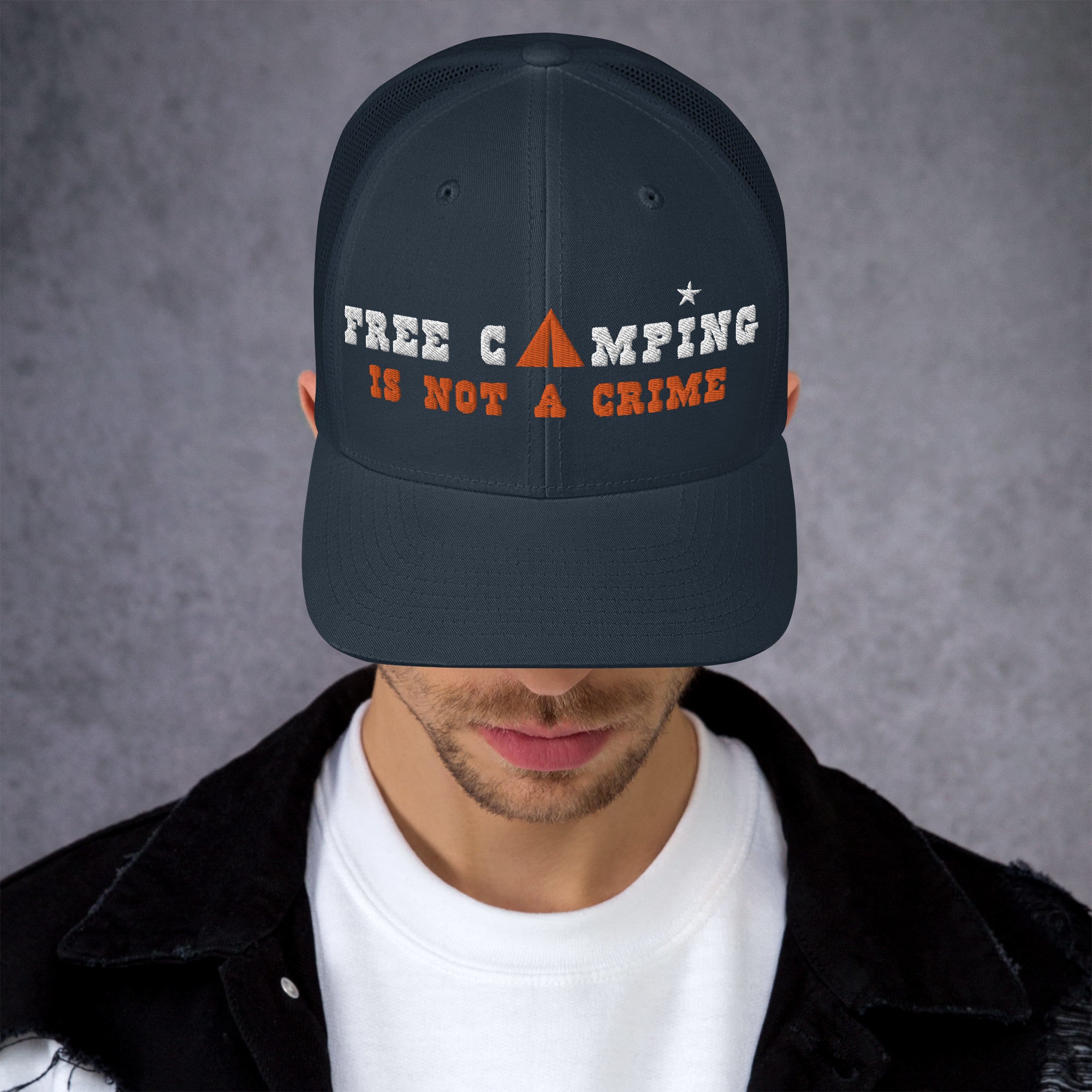 Two-Tone Retro Trucker Cap Free camping is not a crime white/orange