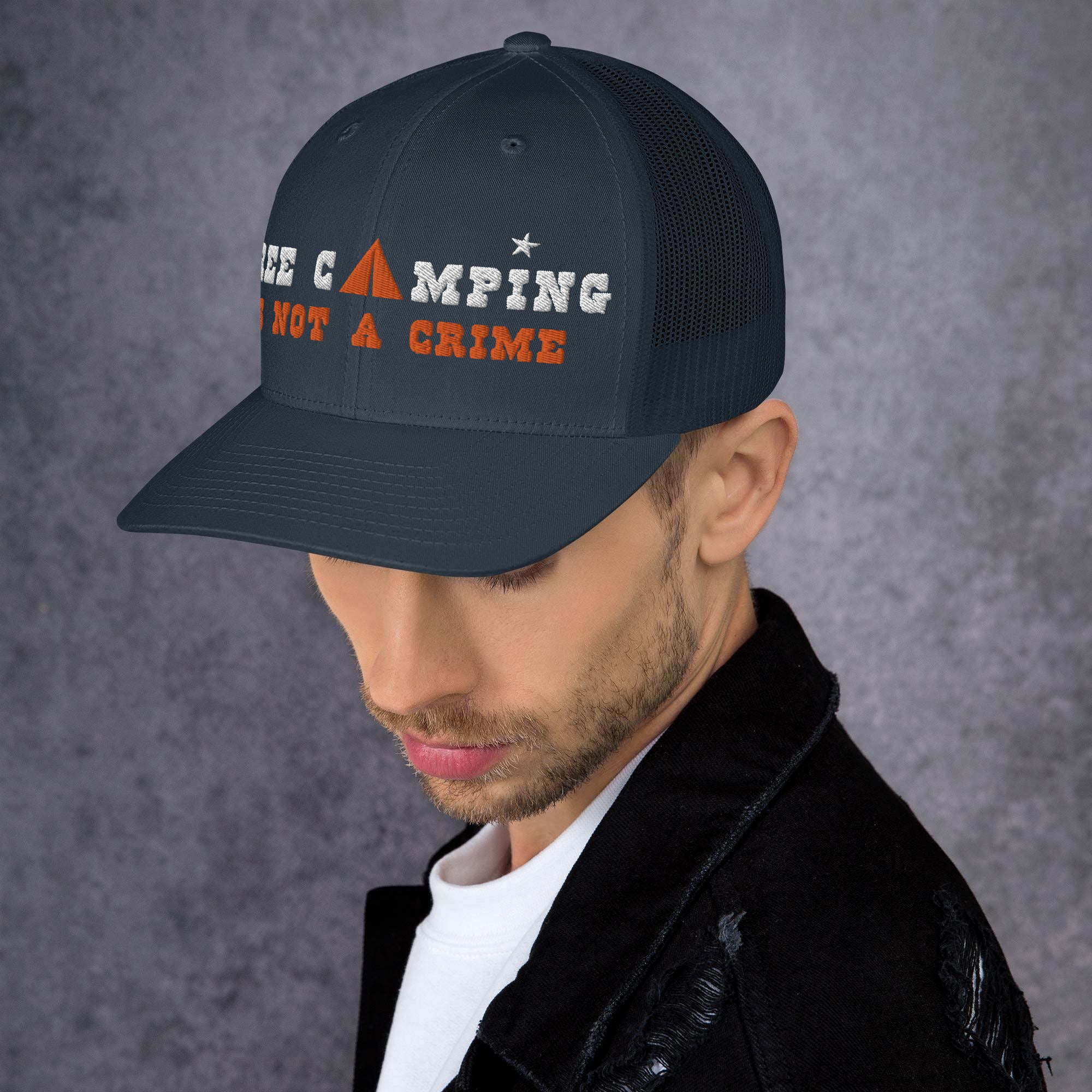 Two-Tone Retro Trucker Cap Free camping is not a crime white/orange