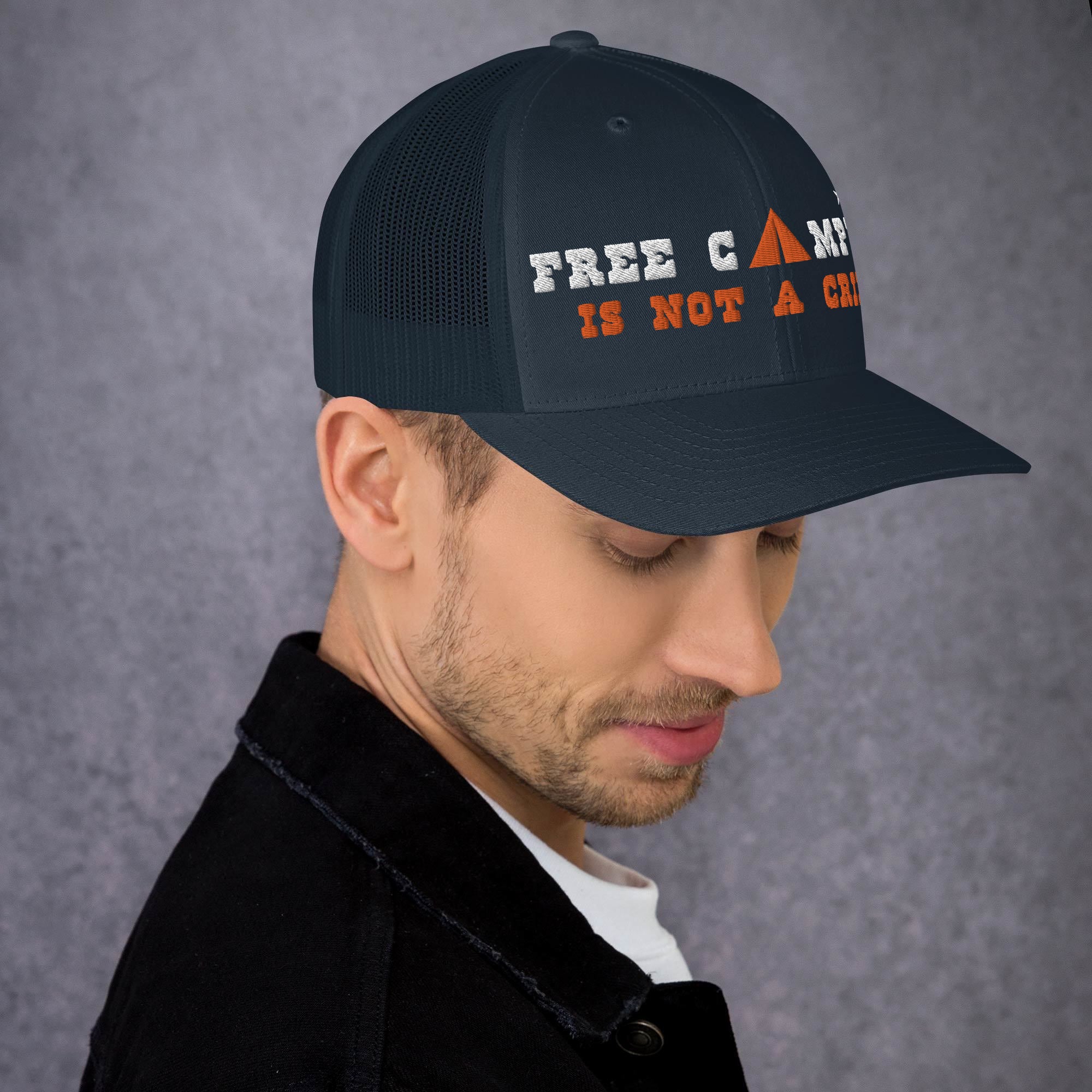 Two-Tone Retro Trucker Cap Free camping is not a crime white/orange