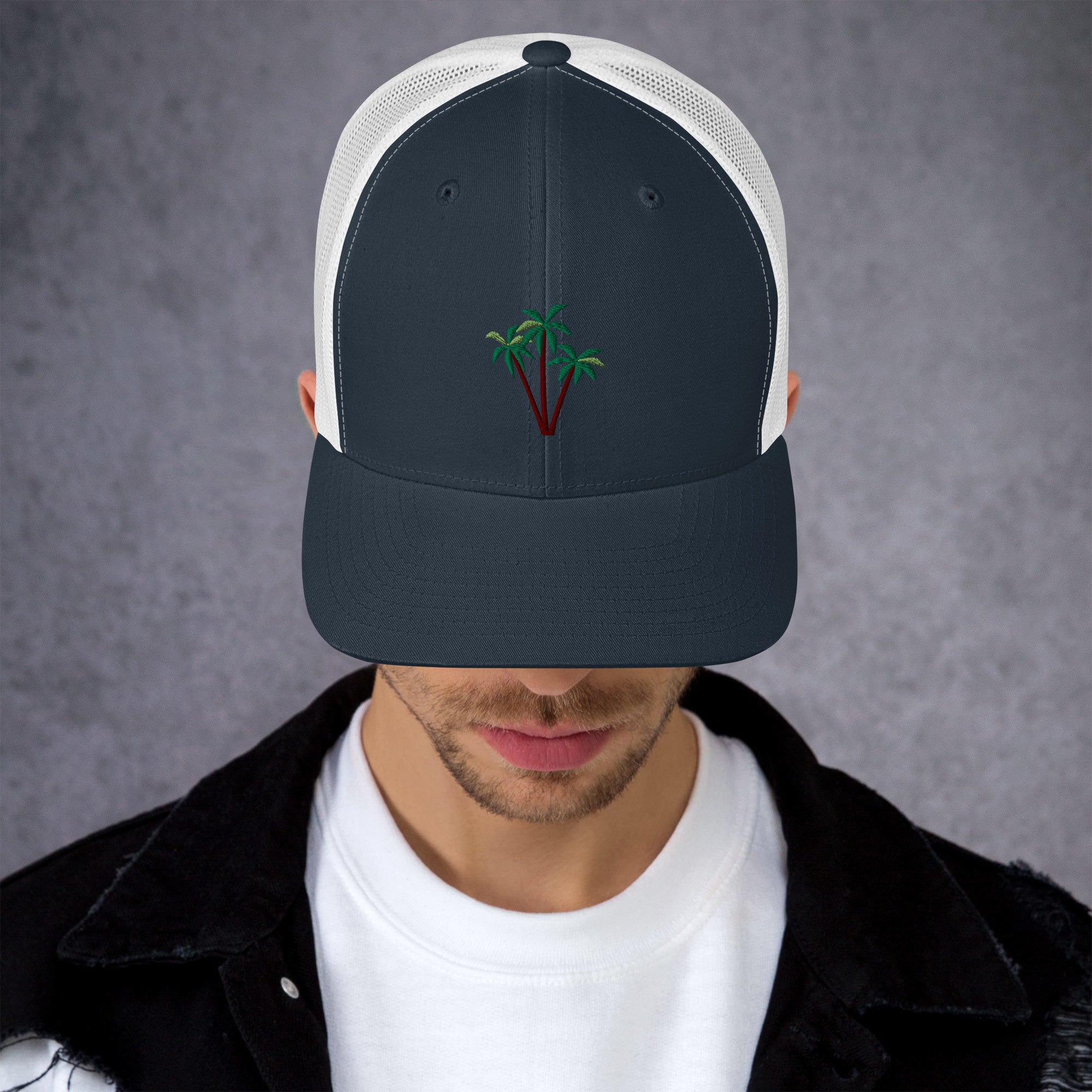 Two-Tone Retro Trucker Cap Three Palm Trees