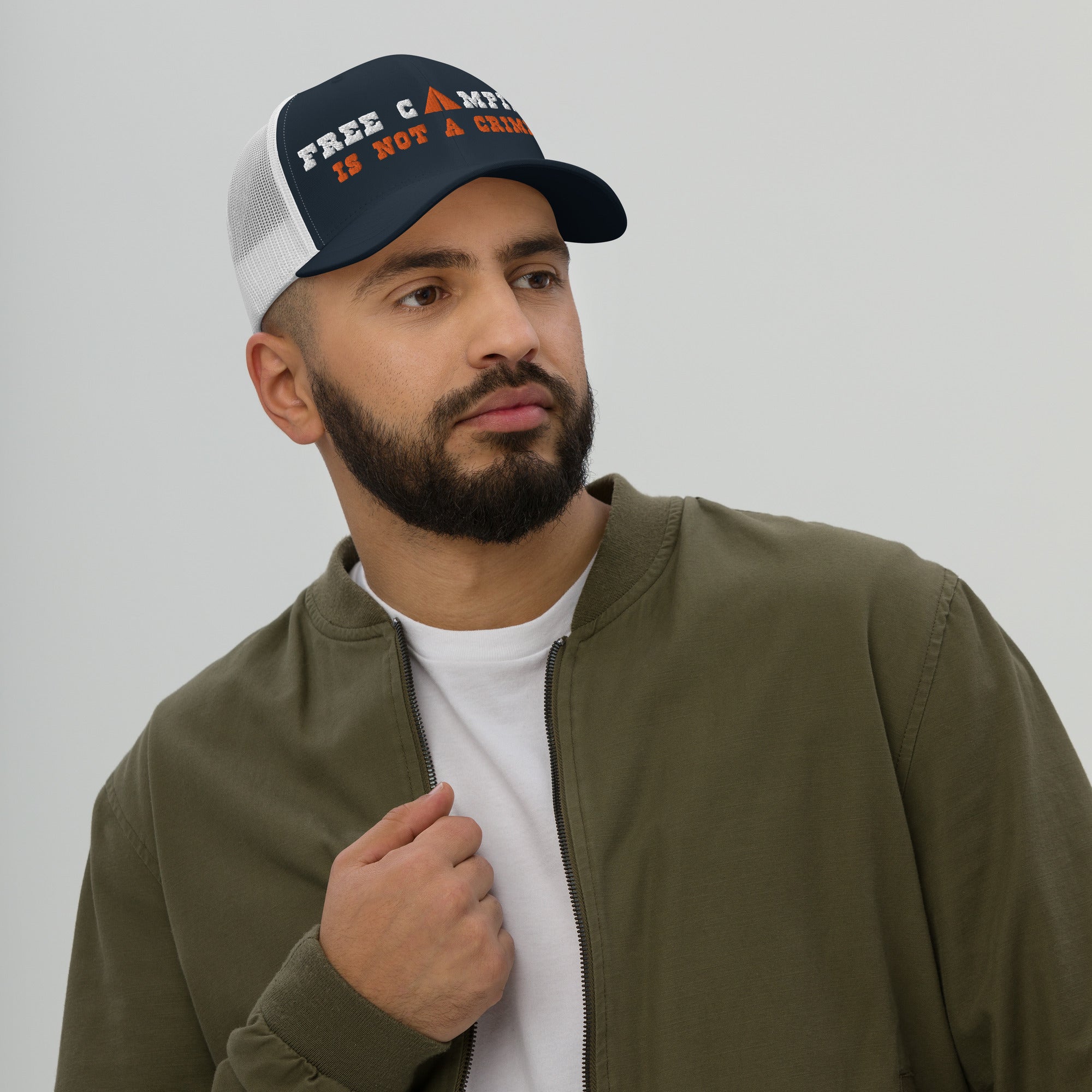 Two-Tone Retro Trucker Cap Free camping is not a crime white/orange