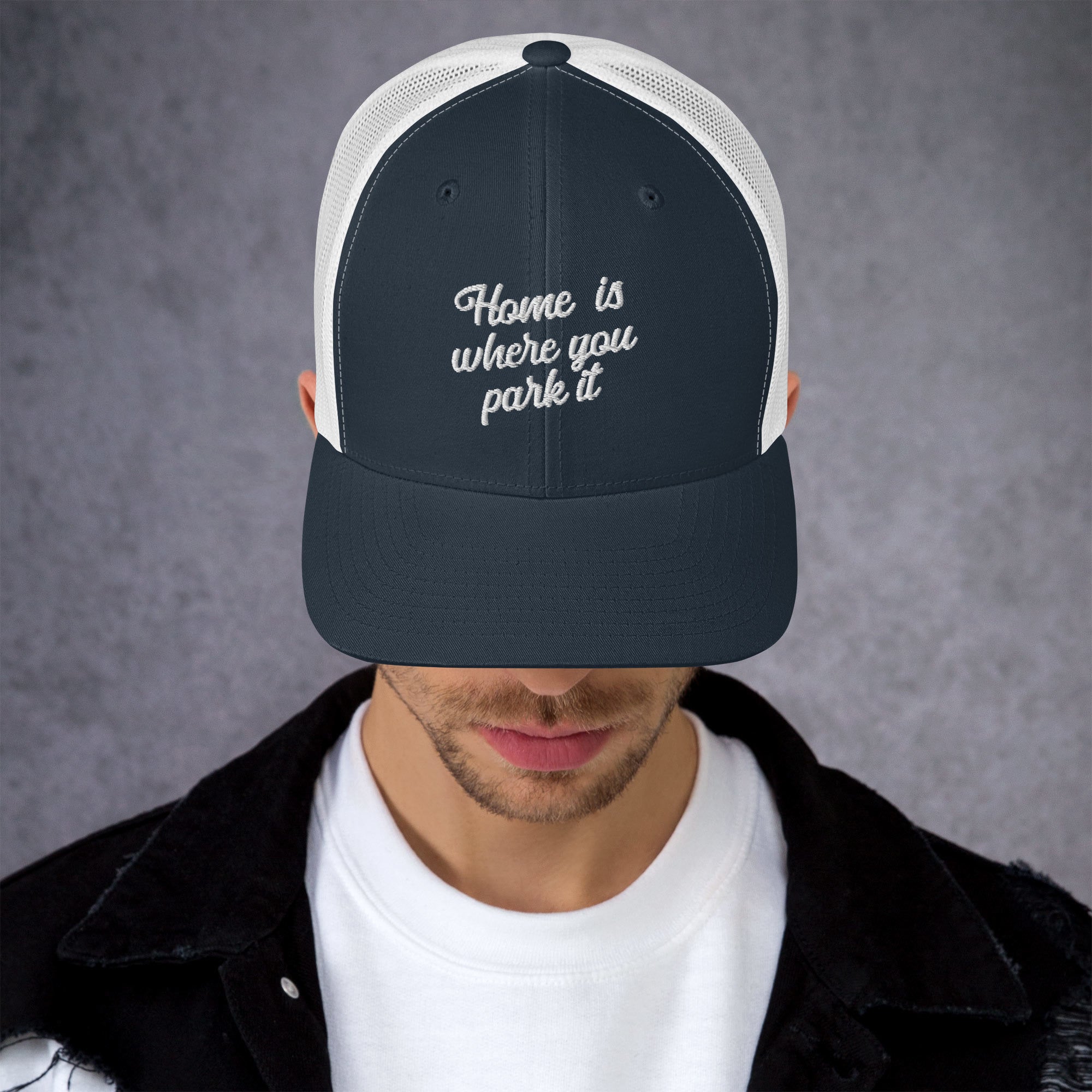 Two-Tone Retro Trucker Cap Home is where you park it white