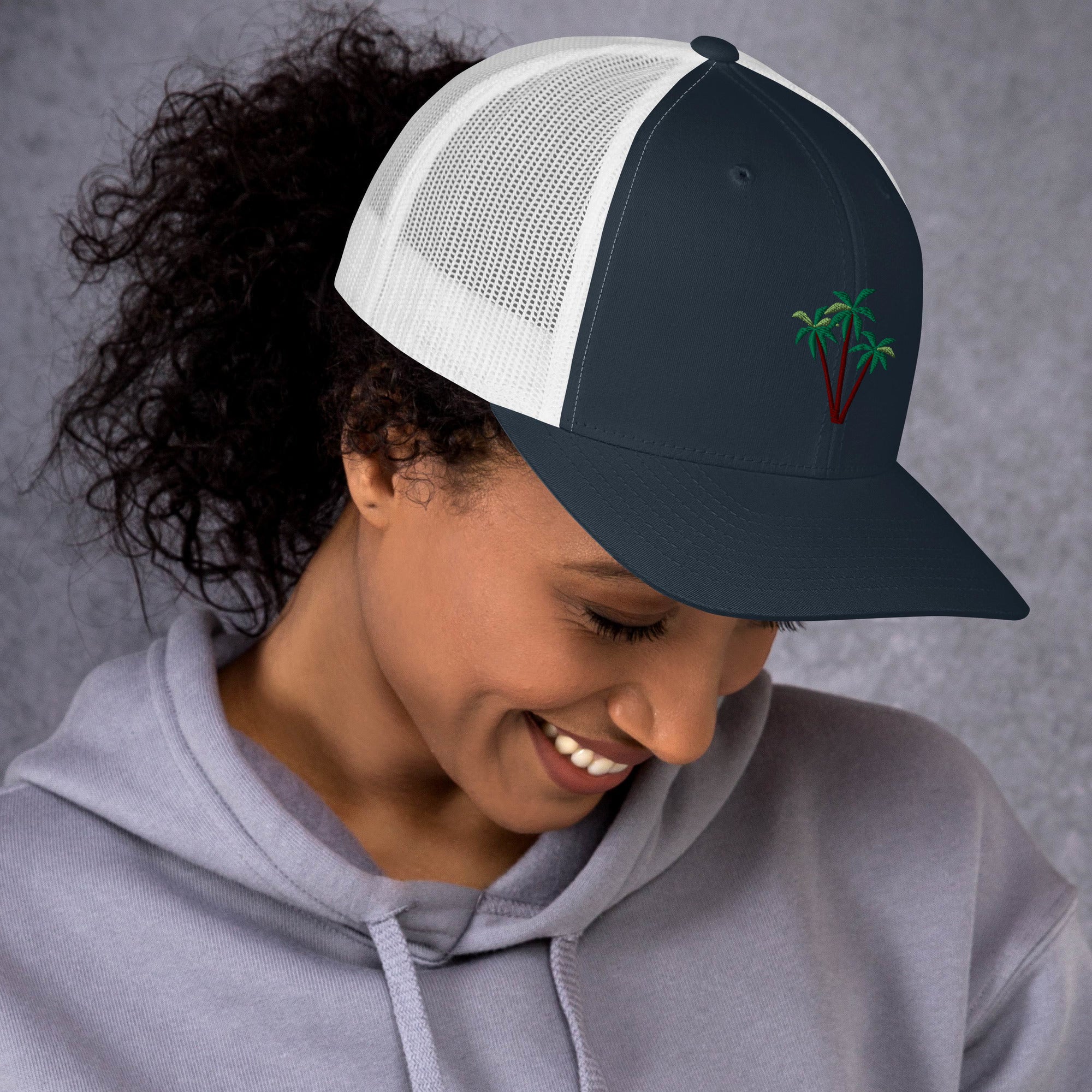 Two-Tone Retro Trucker Cap Three Palm Trees