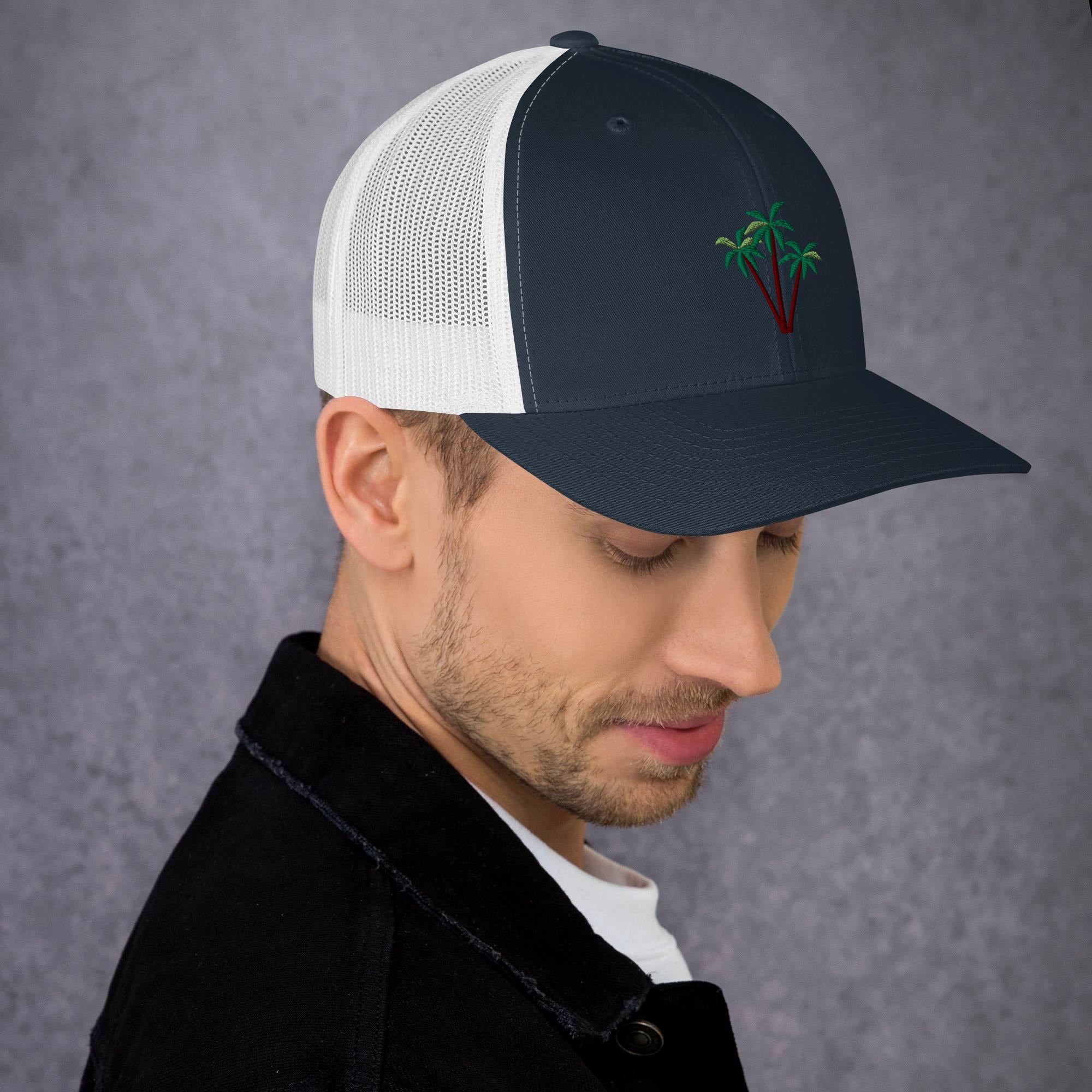 Two-Tone Retro Trucker Cap Three Palm Trees