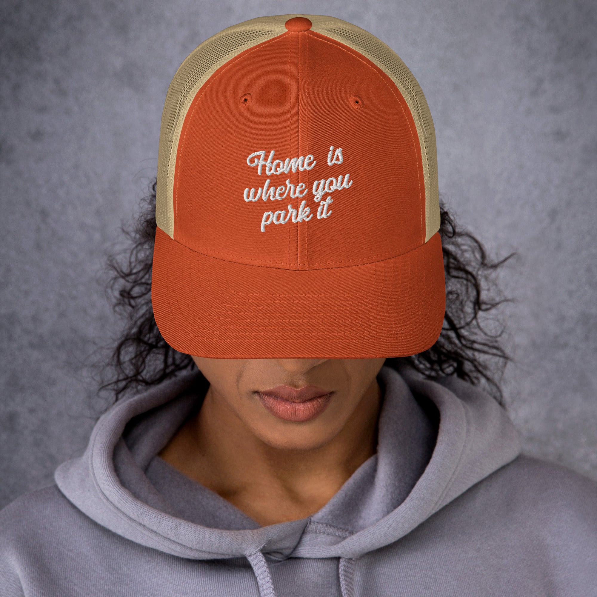 Two-Tone Retro Trucker Cap Home is where you park it white