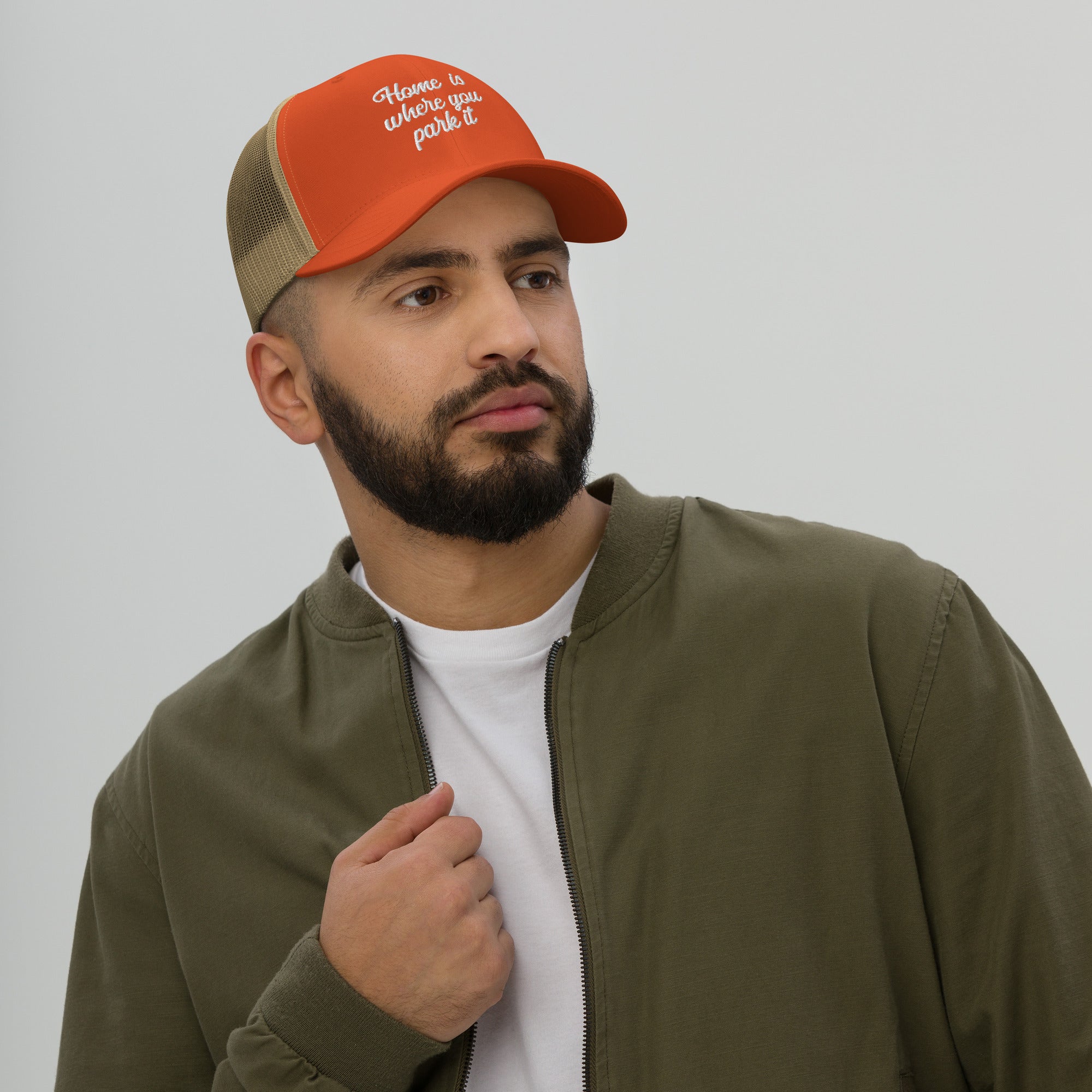 Two-Tone Retro Trucker Cap Home is where you park it white